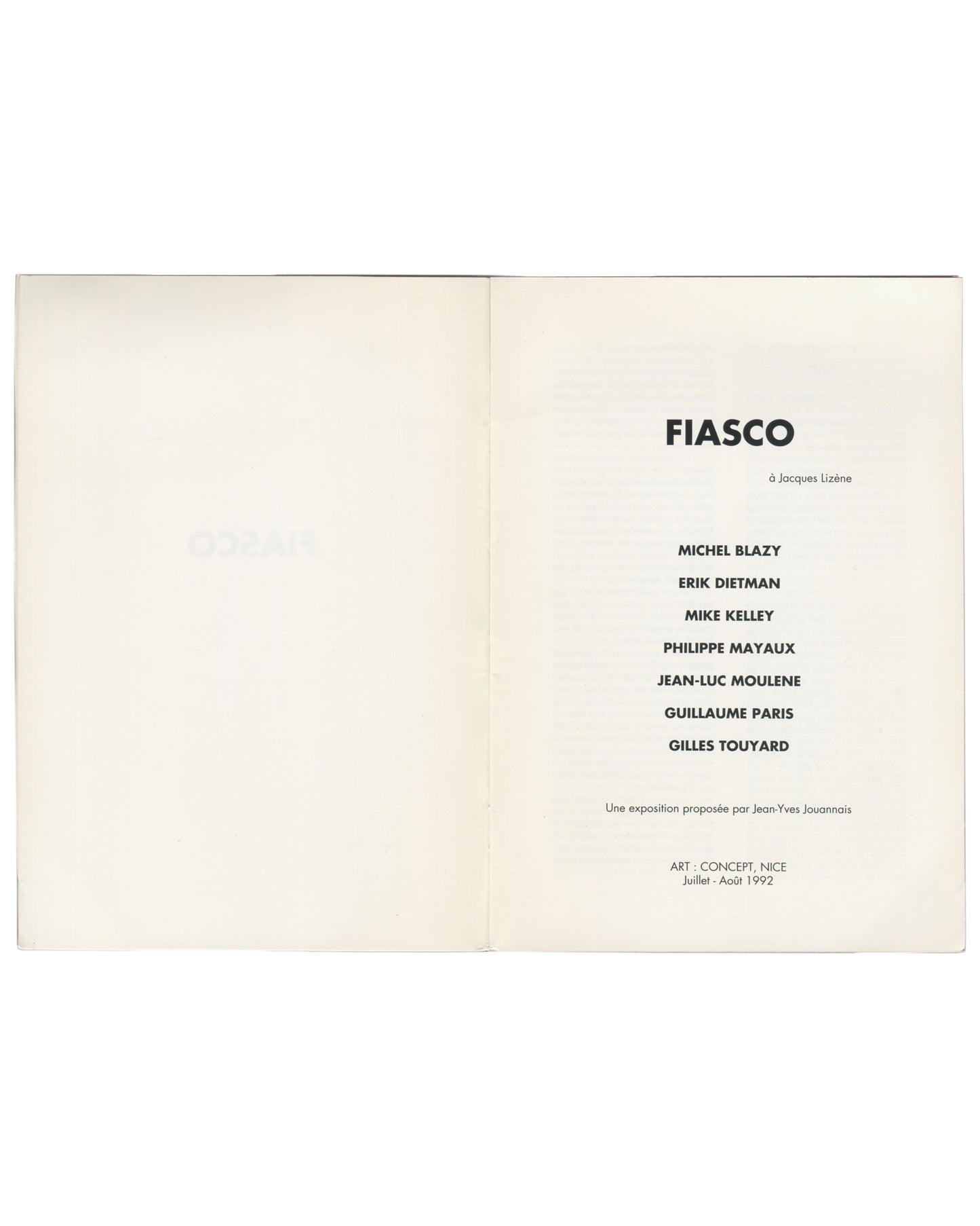 Title page Fiasco, Art : Concept, Nice, 1992. Title page listing seven artists, dedicated à Jacques Lizène, proposed by Jouannais.