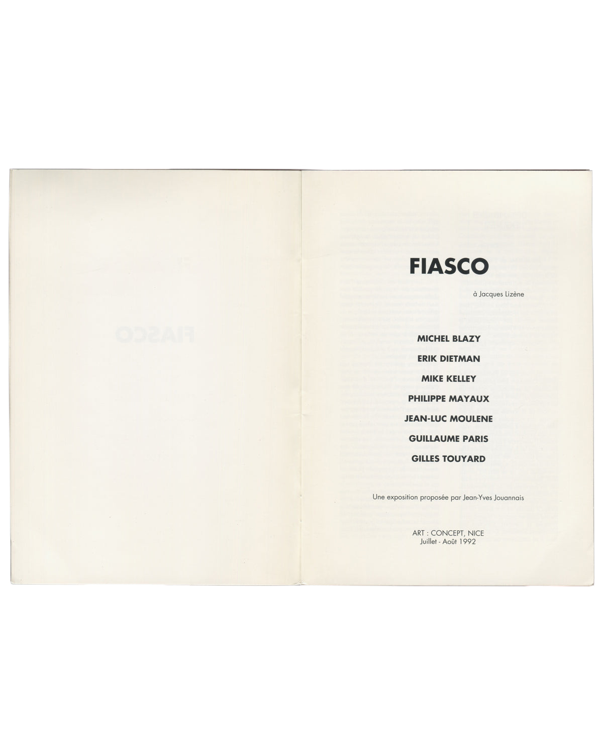 Title page Fiasco, Art : Concept, Nice, 1992. Title page listing seven artists, dedicated à Jacques Lizène, proposed by Jouannais.