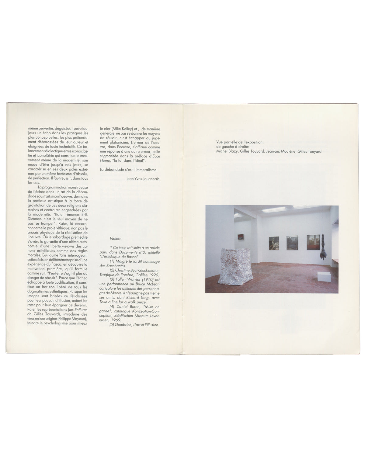 Interior spread — Jouannais essay and installation view Fiasco, 1992. Interior spread: French essay text (left) and installation view with works by Blazy, Moulène, Touyard (right).