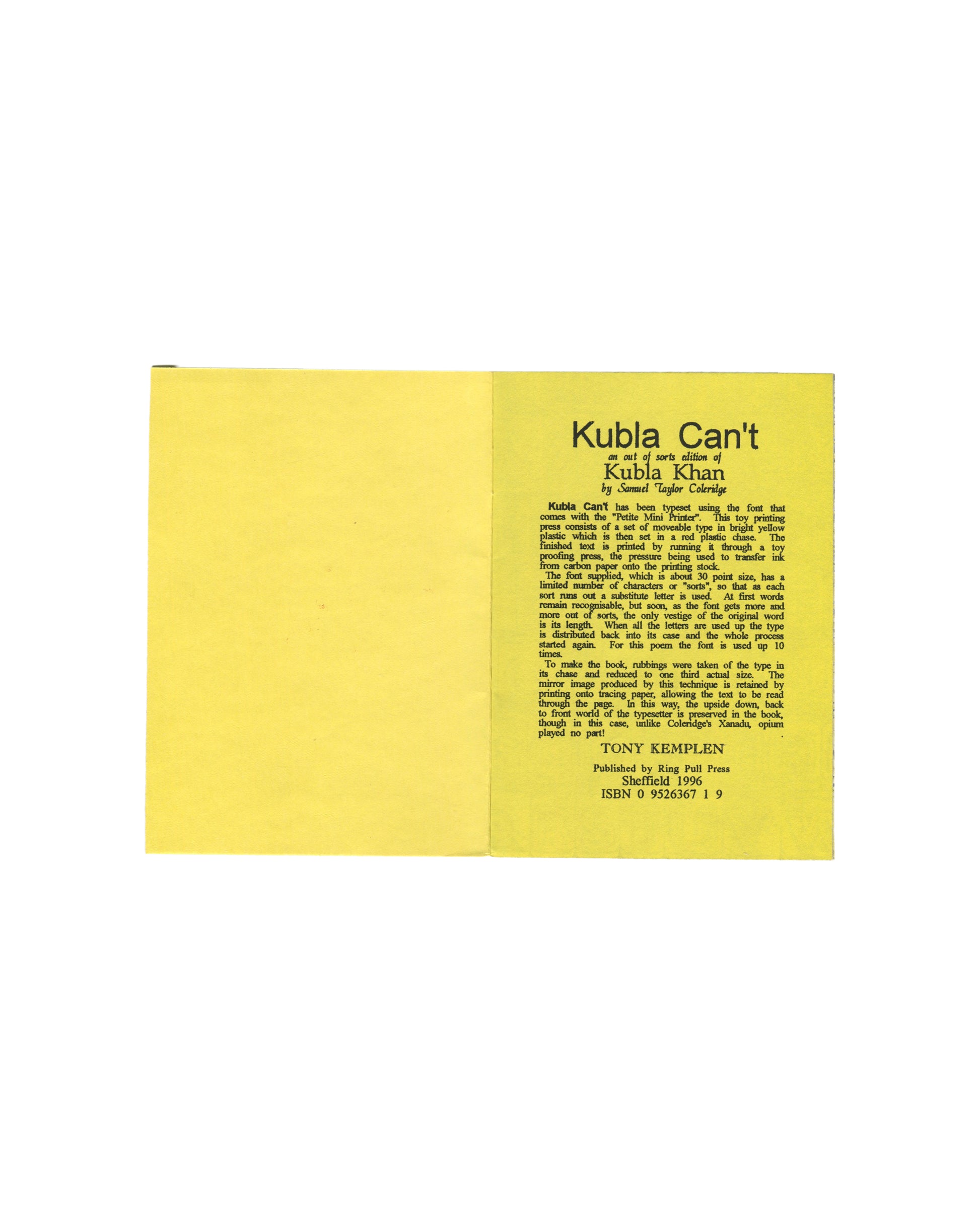  back cover — plain yellow card, red serif type centred lower half: "Published By / Ring Pull Press / 29 Meadowhead / Sheffield S8 7UA / ISBN 0 9526367 1 9"