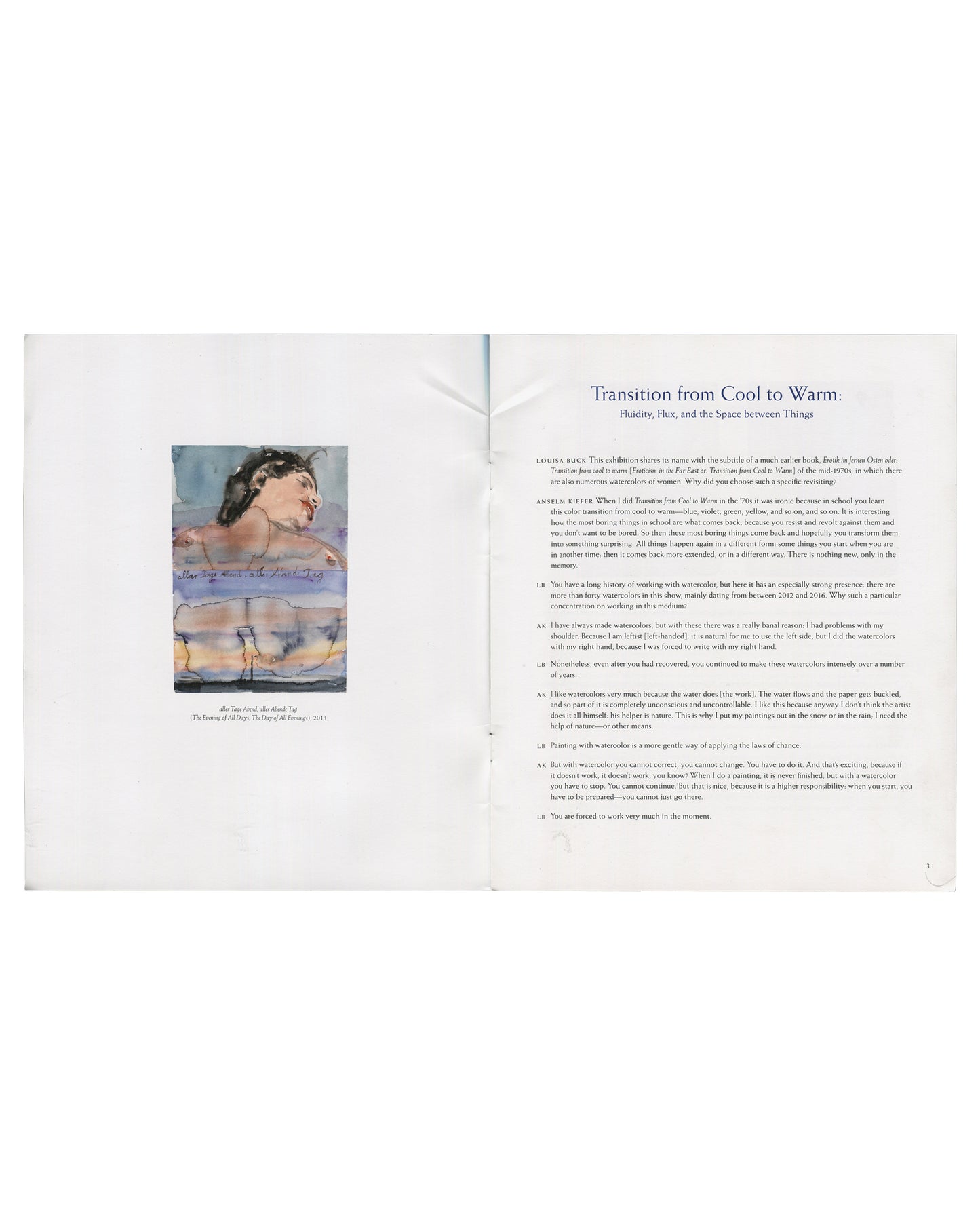 interior spread — left: interview text continuing, Q&A format; right: full-page watercolour reproduction, densely layered roses, female figures, handwritten text, deep pinks and blues, caption lower right Les Saintes Femmes [The Femmes Écstasy], 2014
