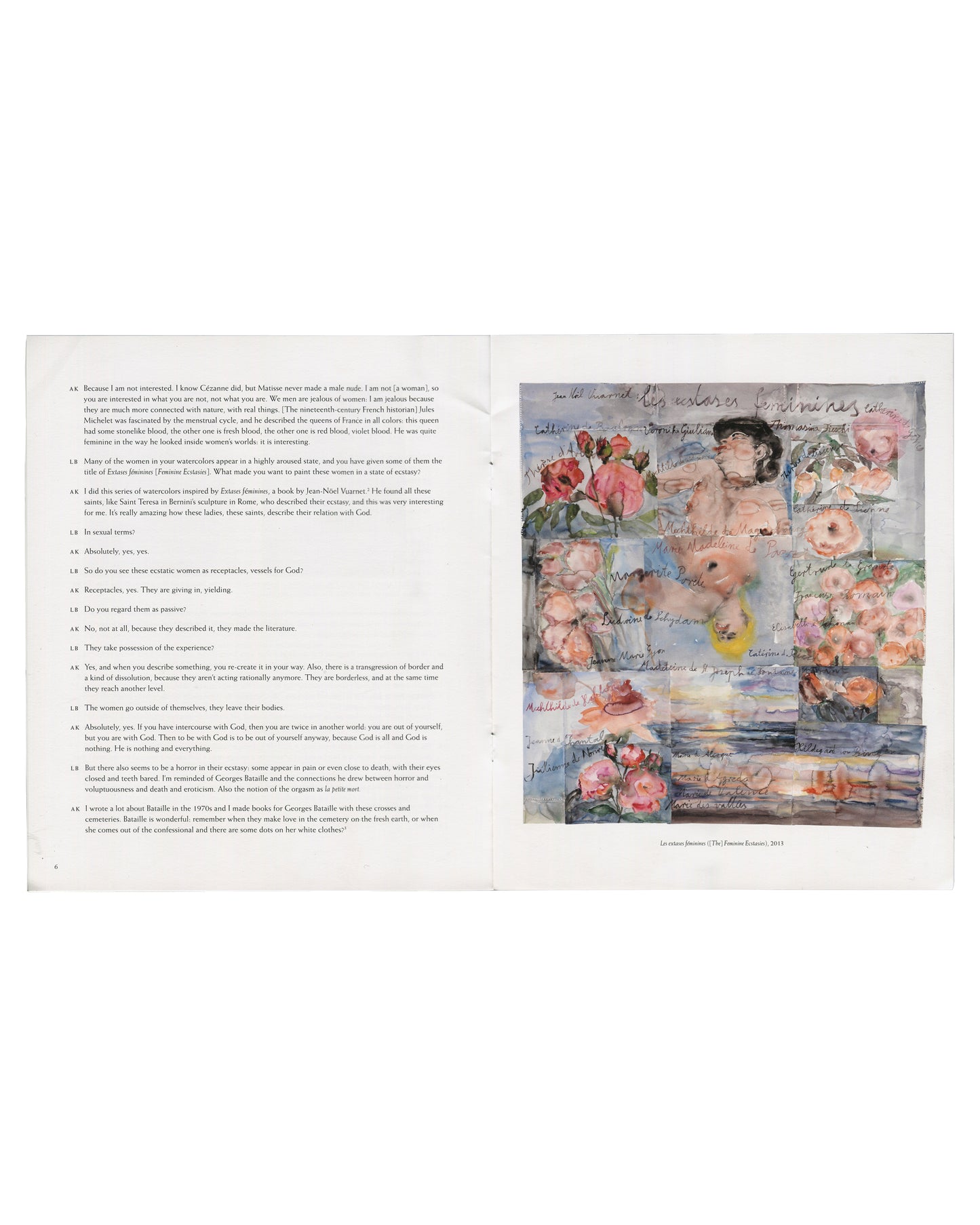 interior spread — left: text page, interview between Louisa Buck and Anselm Kiefer, title "Transition from Cool to Warm: Fluidity, Flux, and the Space between Things"; right: watercolour reproduction, aller Tage Abend, aller Abende Tag, 2014, with caption lower left