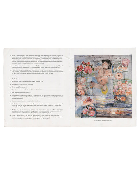 interior spread — left: text page, interview between Louisa Buck and Anselm Kiefer, title "Transition from Cool to Warm: Fluidity, Flux, and the Space between Things"; right: watercolour reproduction, aller Tage Abend, aller Abende Tag, 2014, with caption lower left