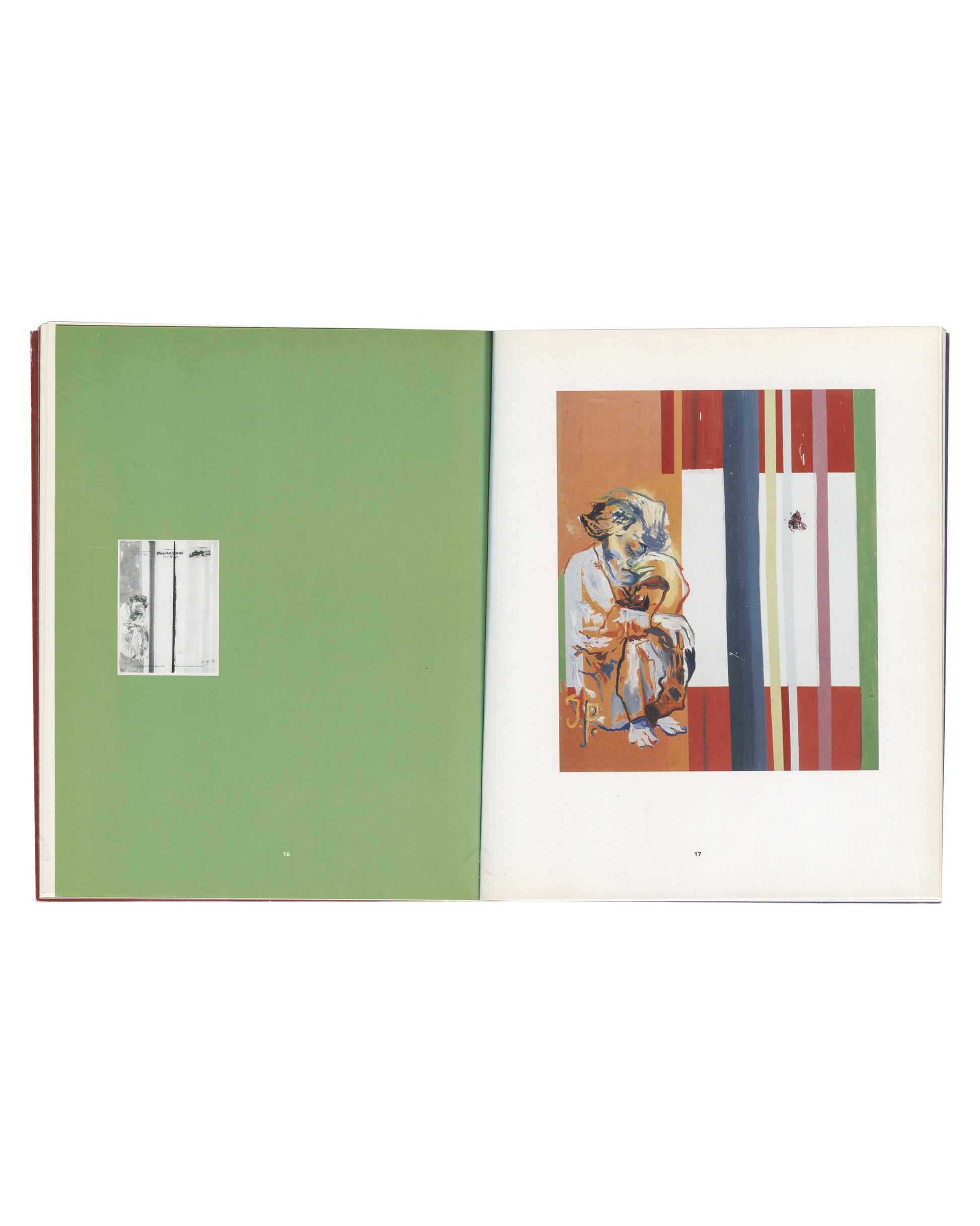nterior spread — left: sage green page with small black-and-white reproduction of front cover pasted lower left; right: colour plate, Kippenberger painting of seated figure against striped vertical bands in terracotta, red, blue, white