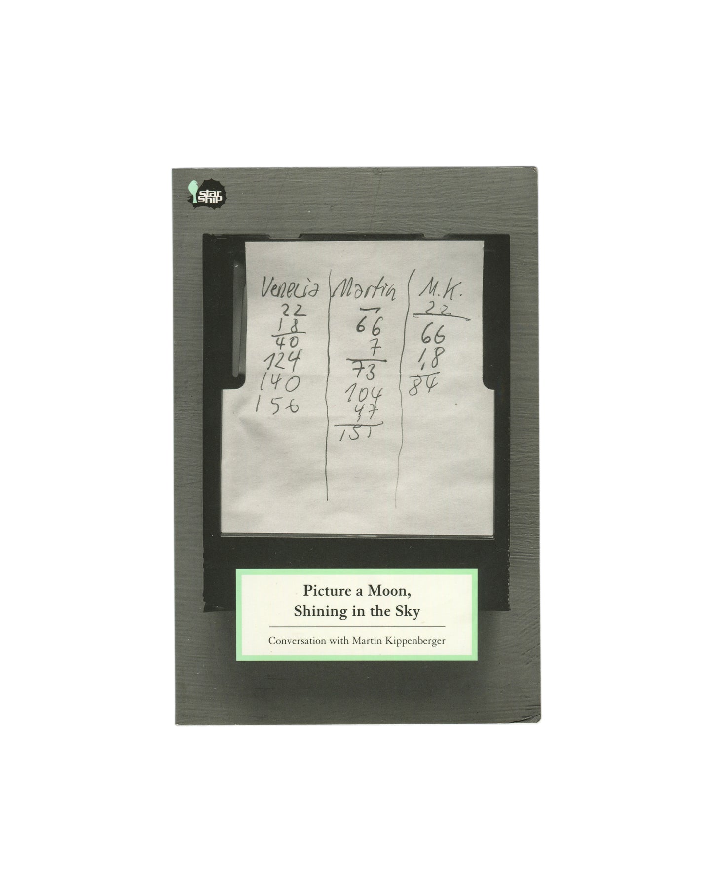 Cover of Martin Kippenberger, Picture a Moon, Shining in the Sky: Conversation with Martin Kippenberger, Starship Verlag, Berlin, 2007, showing a handwritten columnar note with figures headed Venezia, Martin, and M.K. on grey card with a green and white title label below and Starship logo upper left.