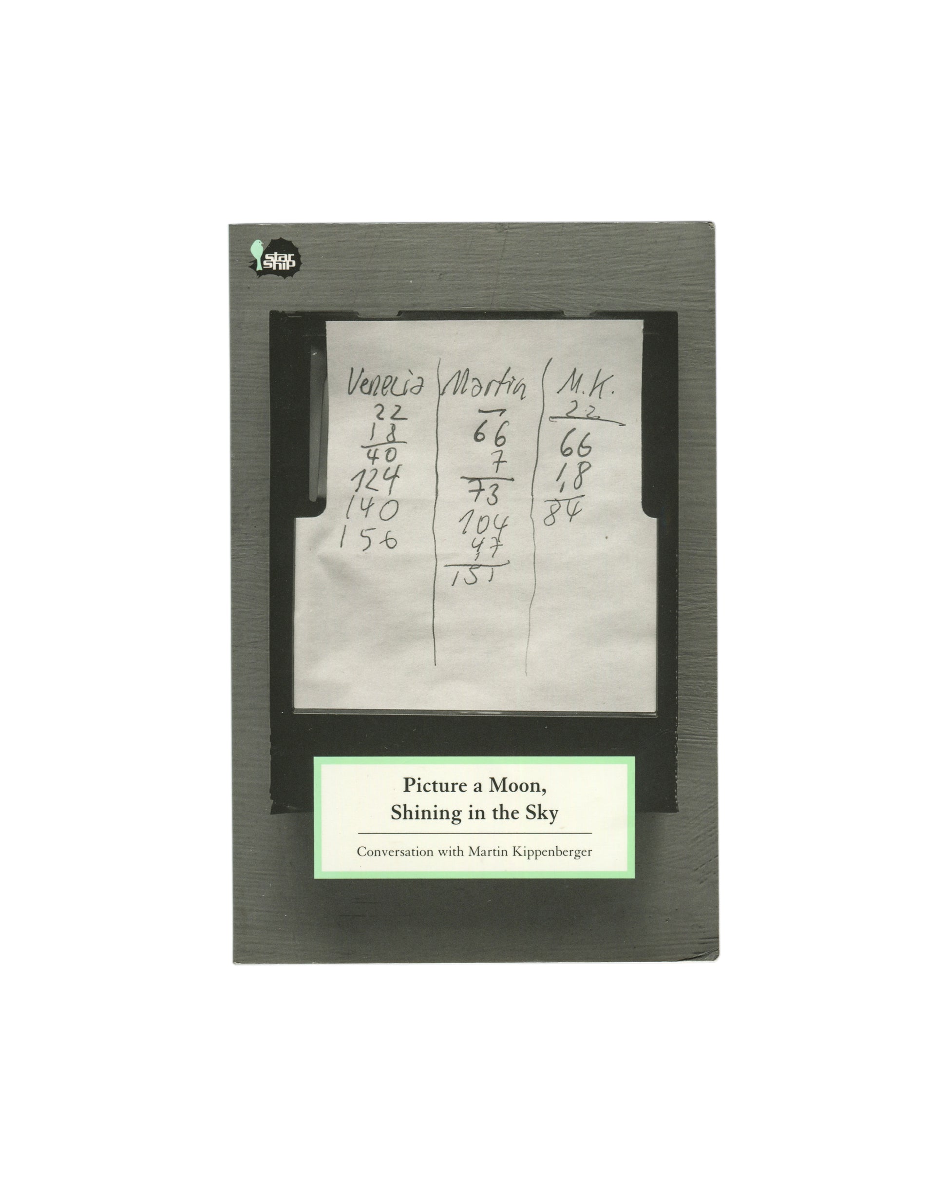 Cover of Martin Kippenberger, Picture a Moon, Shining in the Sky: Conversation with Martin Kippenberger, Starship Verlag, Berlin, 2007, showing a handwritten columnar note with figures headed Venezia, Martin, and M.K. on grey card with a green and white title label below and Starship logo upper left.