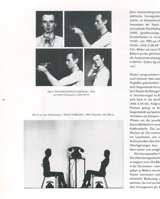 Interior spread from Jürgen Klauke Prosecuritas catalogue, 1994. Upper half: four-panel black-and-white photographic sequence captioned 'Abb. 9 »SCHUSSFOLGE/SCHLUSSFOLGE«, 1976, vierteilige Fotosequenz, je 80×120 cm', showing a shirtless man holding a revolver to his head in four sequential poses. Lower half: full-width black-and-white photograph captioned 'Abb. 10 aus dem Werkkomplex: »SCHATTENBILDER«, 1984, Fotoarbeit, 110×200 cm', showing two seated silhouettes facing each other across a table with a tel