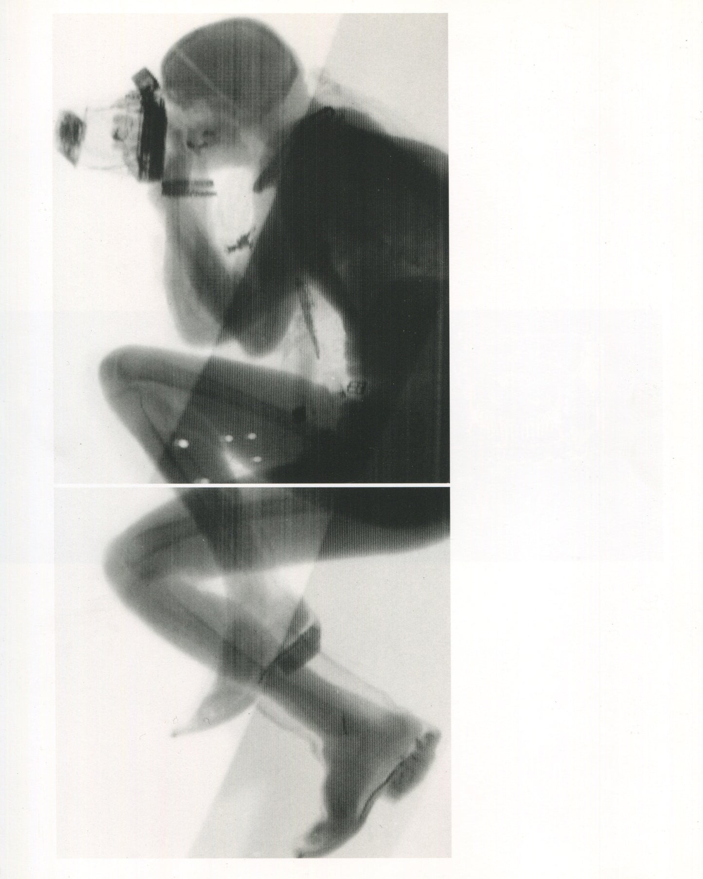 Interior page from Jürgen Klauke Prosecuritas catalogue, 1994. Two stacked black-and-white scanned or photocopied images of a human body: upper image shows a figure from above, head down, wearing a gas mask or respirator, body curled; lower image shows the same or similar figure from a different angle, legs bent, wearing heeled shoes, the scan lines visible across both images.