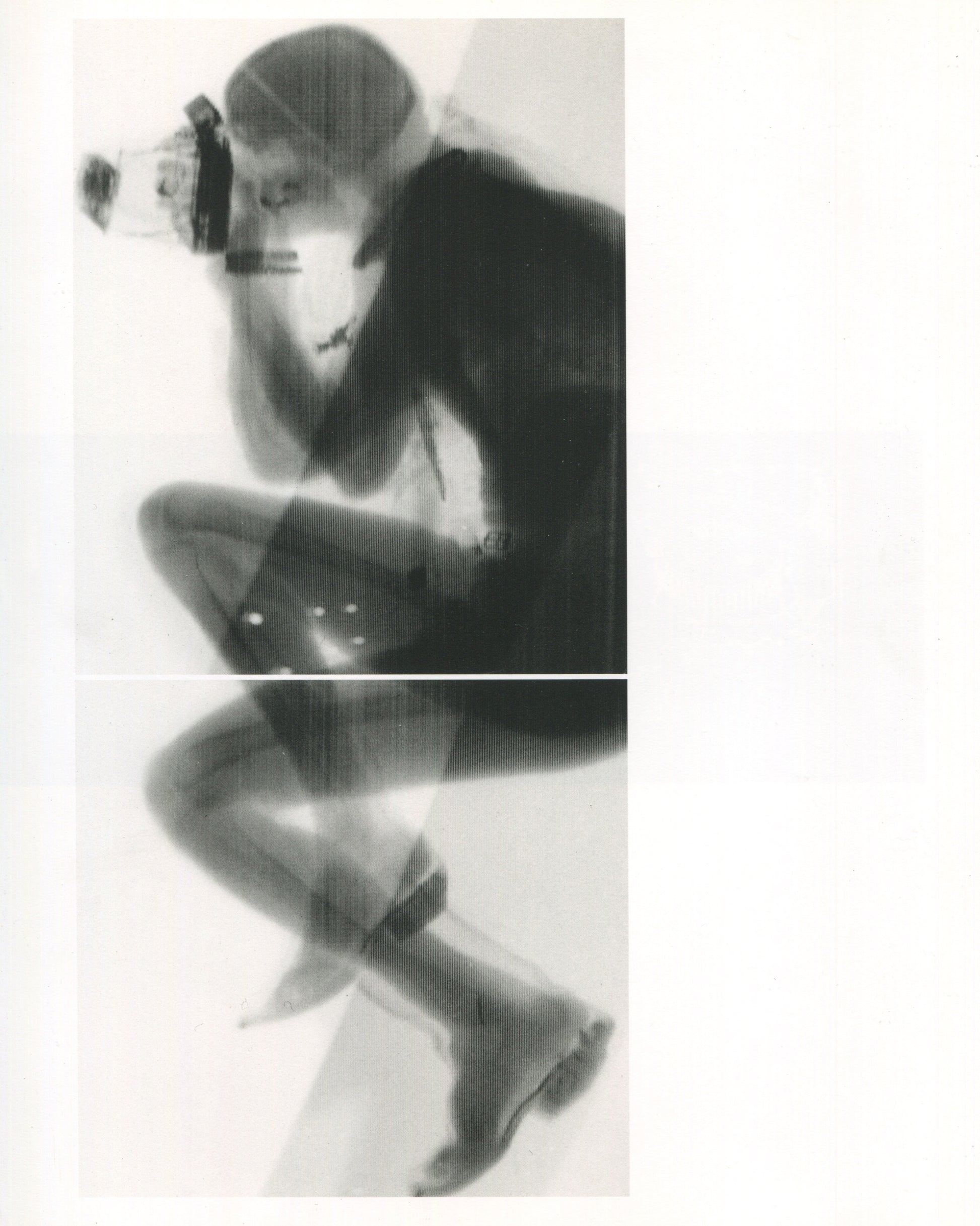 Interior page from Jürgen Klauke Prosecuritas catalogue, 1994. Two stacked black-and-white scanned or photocopied images of a human body: upper image shows a figure from above, head down, wearing a gas mask or respirator, body curled; lower image shows the same or similar figure from a different angle, legs bent, wearing heeled shoes, the scan lines visible across both images.