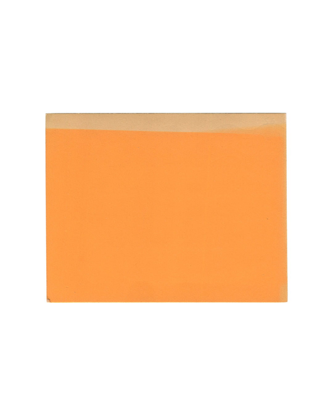 Paul Klee, Galerie Berggruen exhibition card exterior back. Galerie Berggruen, Paris, 1964. Plain vivid orange card, no text or image. Narrow strip of unbleached/faded cream visible along the top edge where the card was stored or folded, showing differential sun-bleaching. Minor surface marks and age toning.

