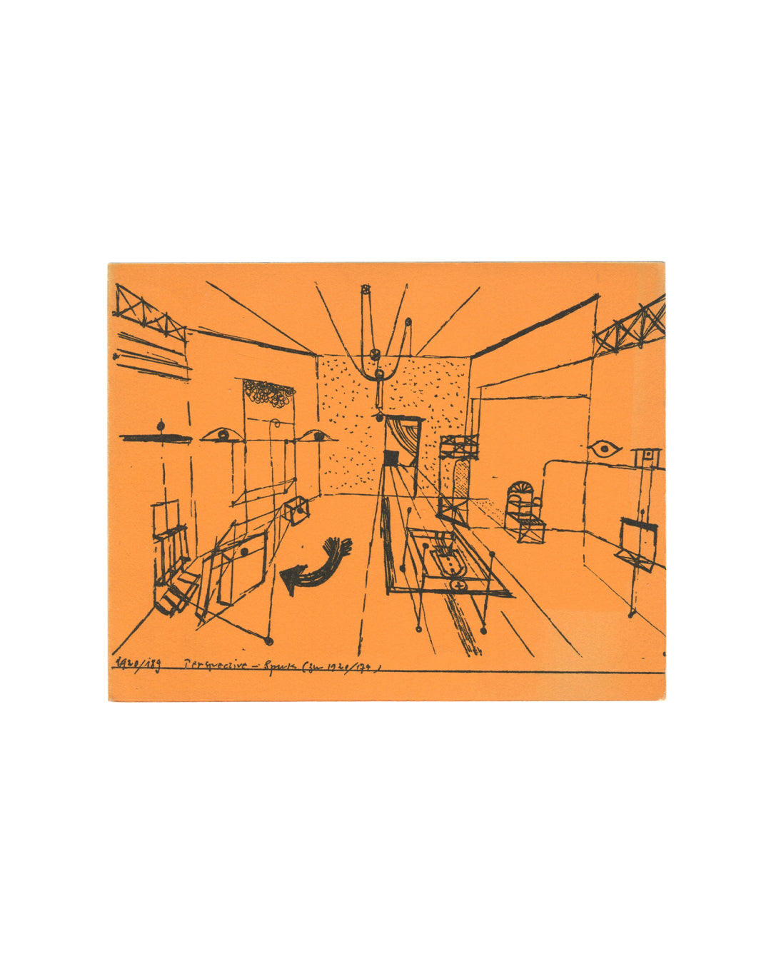 Paul Klee, Galerie Berggruen exhibition card recto. Galerie Berggruen, Paris, 1964. Vivid orange card. Black line drawing printed directly onto the orange ground: a perspective view of an interior space — a studio or exhibition room — rendered in loose, energetic ink line. The room contains suspended objects, shelving, a central table or plinth, geometric structures, and an eye motif on the right wall. Radiating lines suggest light or spatial tension from a central ceiling fixture. A curved arrow in the low