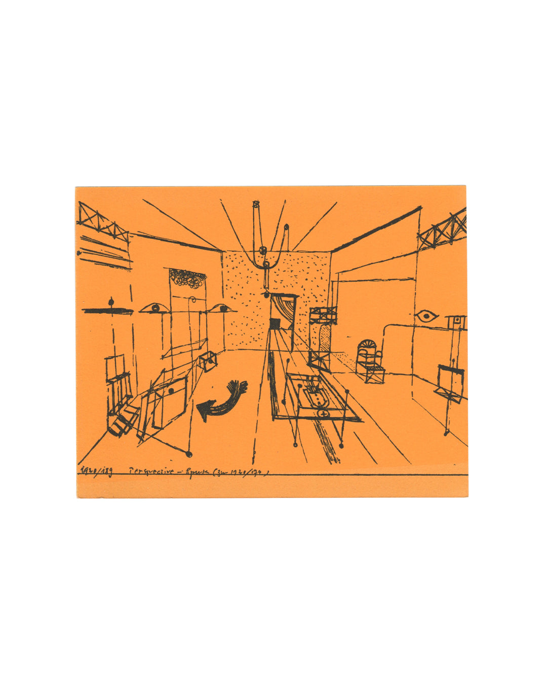Paul Klee, Galerie Berggruen exhibition card recto. Galerie Berggruen, Paris, 1964. Vivid orange card. Black line drawing printed directly onto the orange ground: a perspective view of an interior space — a studio or exhibition room — rendered in loose, energetic ink line. The room contains suspended objects, shelving, a central table or plinth, geometric structures, and an eye motif on the right wall. Radiating lines suggest light or spatial tension from a central ceiling fixture. A curved arrow in the low