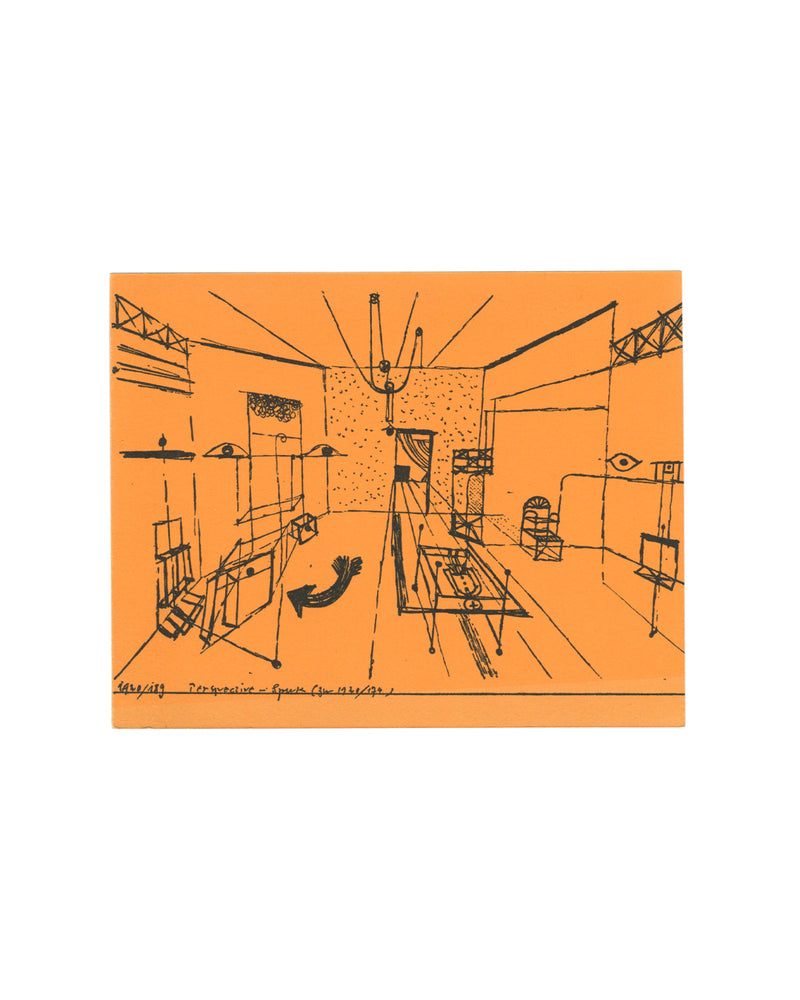 Paul Klee, Galerie Berggruen exhibition card recto. Galerie Berggruen, Paris, 1964. Vivid orange card. Black line drawing printed directly onto the orange ground: a perspective view of an interior space — a studio or exhibition room — rendered in loose, energetic ink line. The room contains suspended objects, shelving, a central table or plinth, geometric structures, and an eye motif on the right wall. Radiating lines suggest light or spatial tension from a central ceiling fixture. A curved arrow in the low