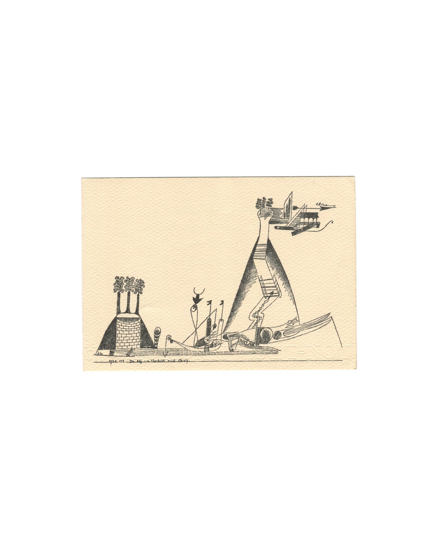 Paul Klee, exhibition invitation card recto. Musée National d'Art Moderne, Paris, 1969. Cream card. Black line drawing printed on cream ground: a horizontal landscape composition combining industrial, architectural, and fantastical elements. At left, a squat brick chimney stack emits three rounded tree-like forms. Centre: scattered figures, flags, a crescent moon shape, and horizontal elements suggesting a ground plane. At right, a large triangular form — part tent, part tower — rises steeply, with a spiral