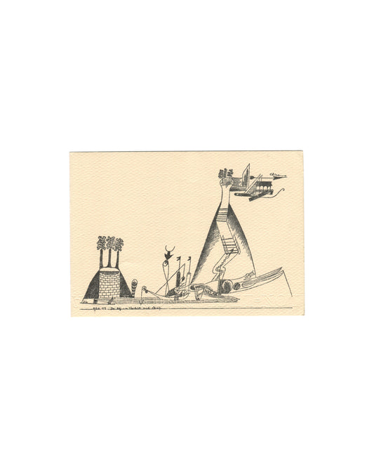 Paul Klee, exhibition invitation card recto. Musée National d'Art Moderne, Paris, 1969. Cream card. Black line drawing printed on cream ground: a horizontal landscape composition combining industrial, architectural, and fantastical elements. At left, a squat brick chimney stack emits three rounded tree-like forms. Centre: scattered figures, flags, a crescent moon shape, and horizontal elements suggesting a ground plane. At right, a large triangular form — part tent, part tower — rises steeply, with a spiral