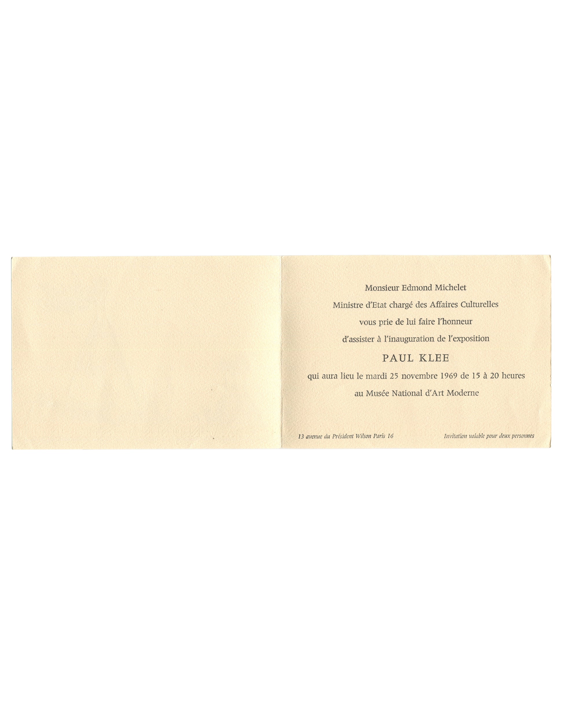 Paul Klee, exhibition invitation card verso. Musée National d'Art Moderne, Paris, 1969. Plain cream card, no text or image. Faint embossed or impressed text visible along the top edge, partially legible, consistent with a printed address or gallery name pressed through from the interior. Light age toning, minor surface marks, and faint handling wear.