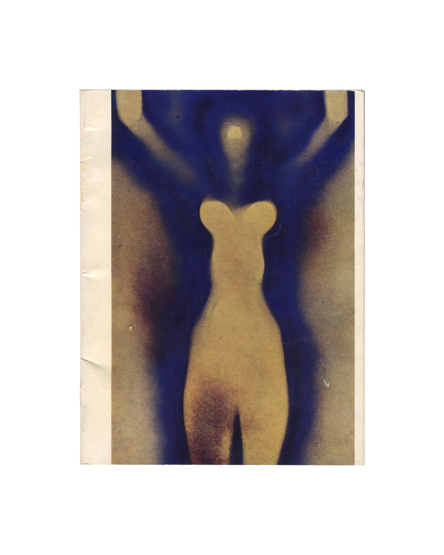 front cover — cream/off-white card, IKB blue facsimile signature "Yves Klein" large across centre, "Karl Flinker 25 rue de Tournon / Paris" upper in blue sans-serif, "février–mars 1973" lower in blue sans-serif; visible handling creases left edge