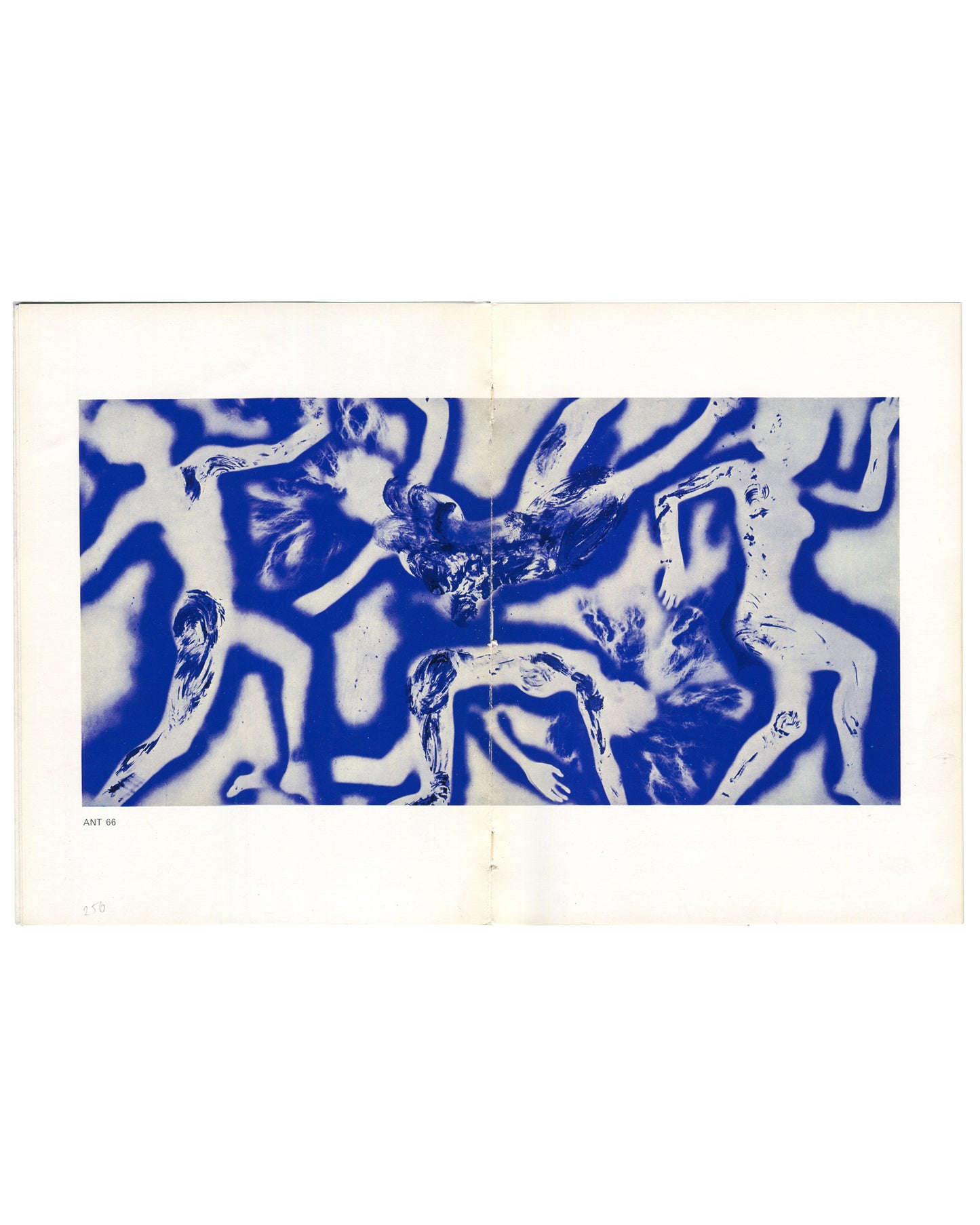 interior spread — full-width plate across gutter: ANT 66, 1960, IKB blue body impressions of multiple interlocking figures on cream, caption "ANT 66" lower left