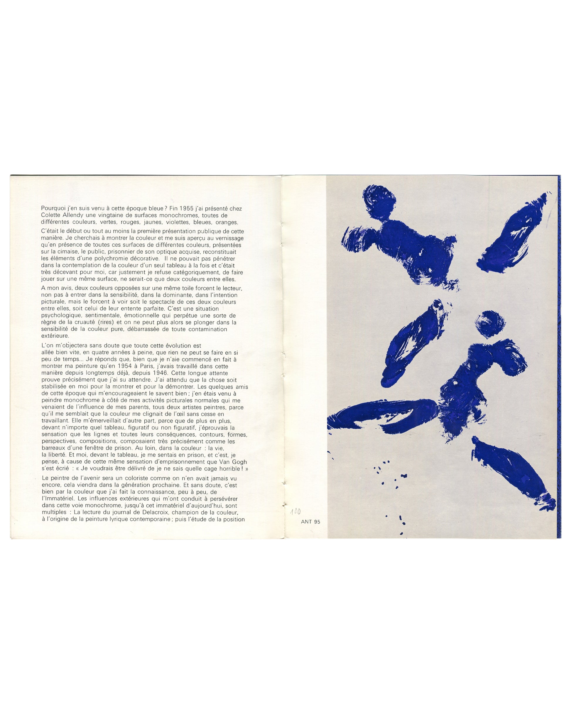 interior spread — left: dense French text column (Klein's writing on monochrome, beginning "Pourquoi j'en suis venu à cette époque bleue?"), caption "ANT 95" lower right; right: IKB blue Anthropométrie plate, three gestural body-print figures on cream ground
