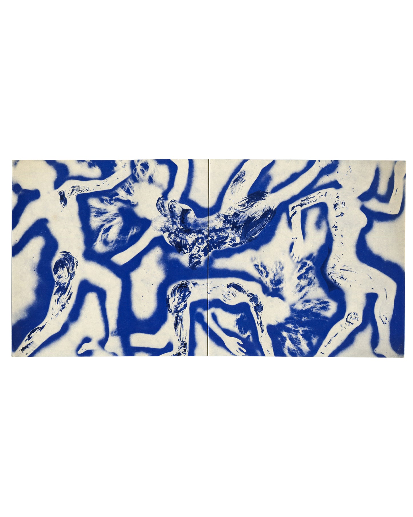 exterior/front — unfolded card showing full-width blue Anthropométrie (ANT 66), 1960, IKB blue body impressions of multiple figures on cream ground, fold visible at centre