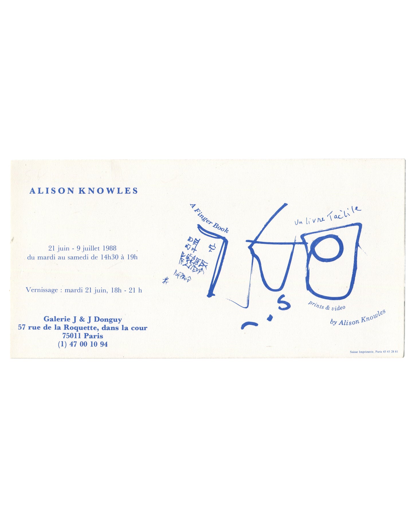 Original 1988 Alison Knowles exhibition invitation for A Finger Book (Prints & Video), Galerie J & J Donguy, Paris, front, printed in blue offset lithography on cream card stock, showing at left ALISON KNOWLES in bold sans-serif capitals, the exhibition dates 21 juin – 9 juillet 1988 and opening hours, the vernissage note mardi 21 juin 18h–21h, and the gallery address Galerie J & J Donguy, 57 rue de la Roquette, dans la cour, 75011 Paris; at right a loose gestural drawing of two book-like rectangular forms 