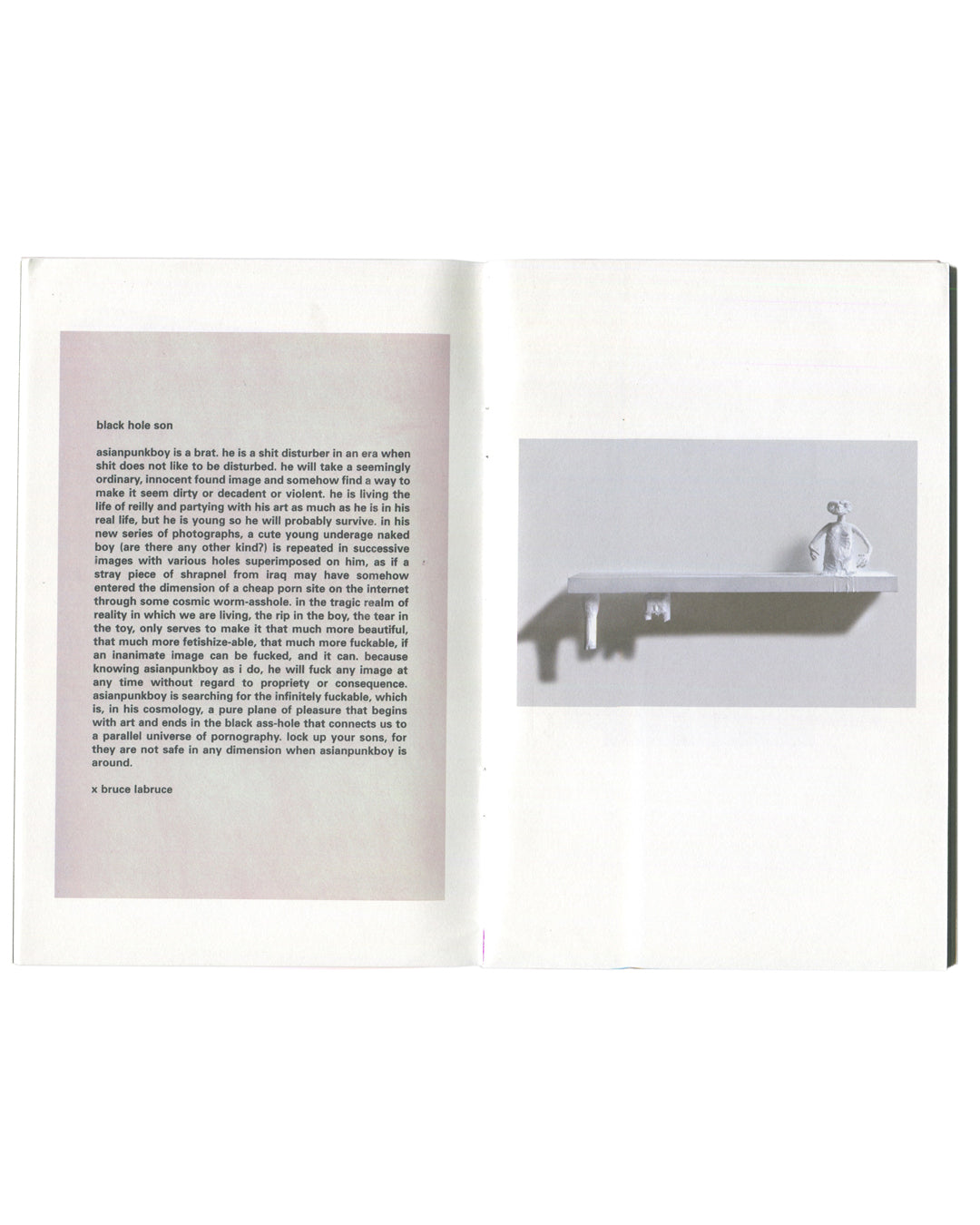 Terence Koh, The Whole Family, interior spread. Left: text titled 'black hole son', signed 'x bruce labruce', describing asianpunkboy's practice and persona. Right: colour photograph of a white ceramic figurine of a diver on a shelf, casting a shadow. Peres Projects, Los Angeles, 2008.