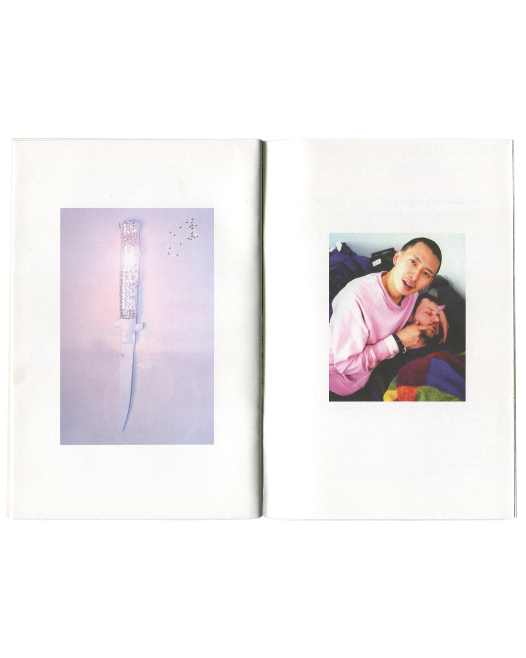 Terence Koh, The Whole Family, interior spread. Left: colour photograph of a crystal-encrusted syringe or dagger-like object glowing against a pale lavender background, small crystal fragments scattered nearby. Right: snapshot photograph of two men embracing on a bed, one in a pink sweatshirt, colourful bedding visible. Peres Projects, Los Angeles, 2008.