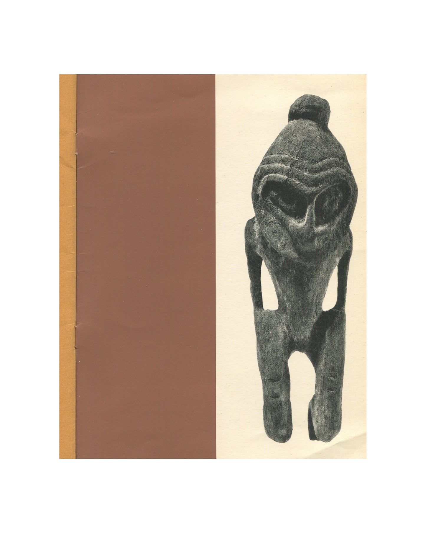 Two alt texts:

Kunst uit Nieuw Guinea, 1963 — interior plate. Two black and white photographs of carved wooden ancestor figures. Left: cat. no. 87, a bird-headed figure leaning forward, heavily textured surface, viewed in profile. Right: cat. no. 38, a frontal standing figure with large rounded head, open-work torso, arms at sides, and splayed feet. Both dark patinated wood on cream ground.
