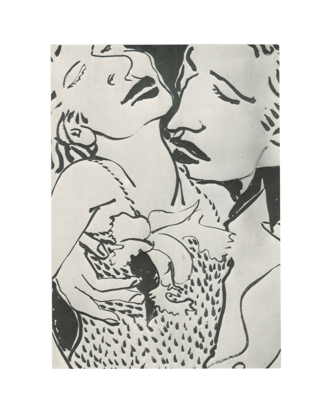 Robert Kushner, 'The dance, the kiss,...', exhibition invitation recto. Galerie Daniel Templon, Paris, 1979. Black-and-white reproduction of a large-scale drawing or print: two figures in close embrace, faces almost touching in a near-kiss. The woman on the left has wavy hair and closed eyes; the man on the right wears a suit and tie, head tilted toward her. Her dress or top is rendered with dense teardrop or scale-like patterning across the bodice and shoulders. Bold, fluid black line work on white ground,