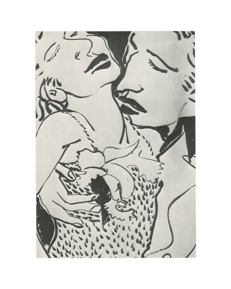 Robert Kushner, 'The dance, the kiss,...', exhibition invitation recto. Galerie Daniel Templon, Paris, 1979. Black-and-white reproduction of a large-scale drawing or print: two figures in close embrace, faces almost touching in a near-kiss. The woman on the left has wavy hair and closed eyes; the man on the right wears a suit and tie, head tilted toward her. Her dress or top is rendered with dense teardrop or scale-like patterning across the bodice and shoulders. Bold, fluid black line work on white ground,