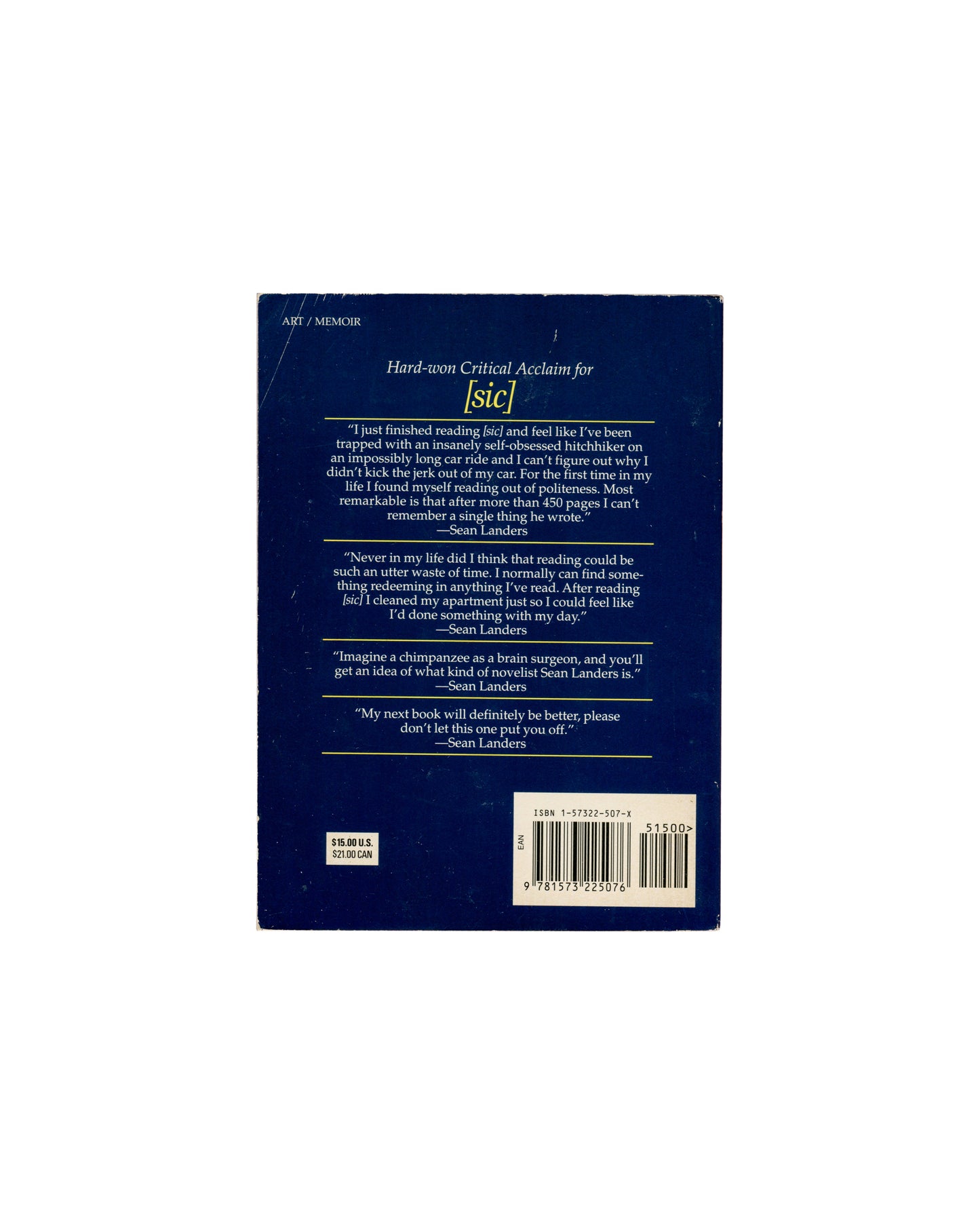 Sean Landers, [sic], 1995 — back cover, self-attributed critical acclaim, barcode and price visible
