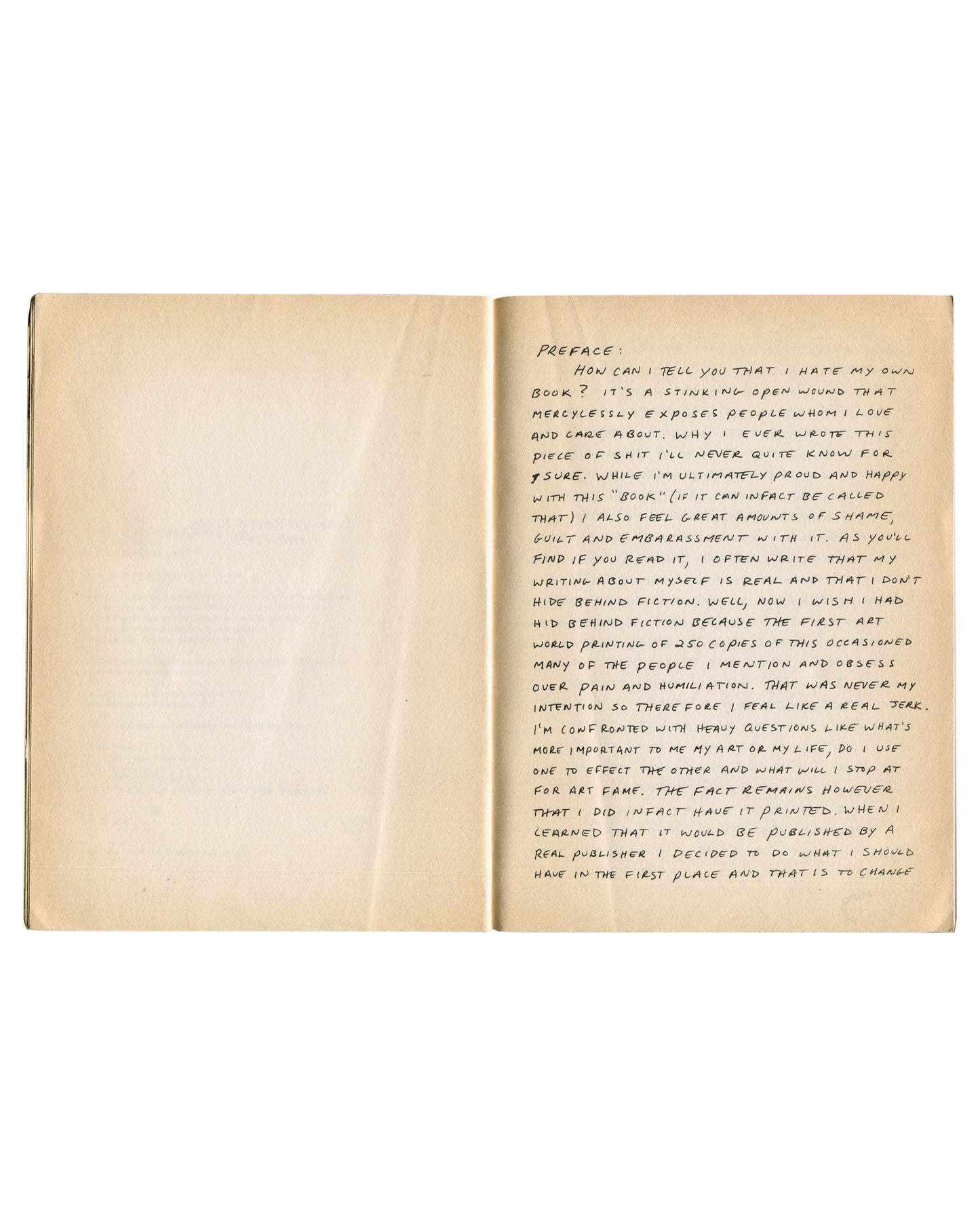 Sean Landers, [sic], 1995 — interior spread, handwritten preface recto, age-toned pages