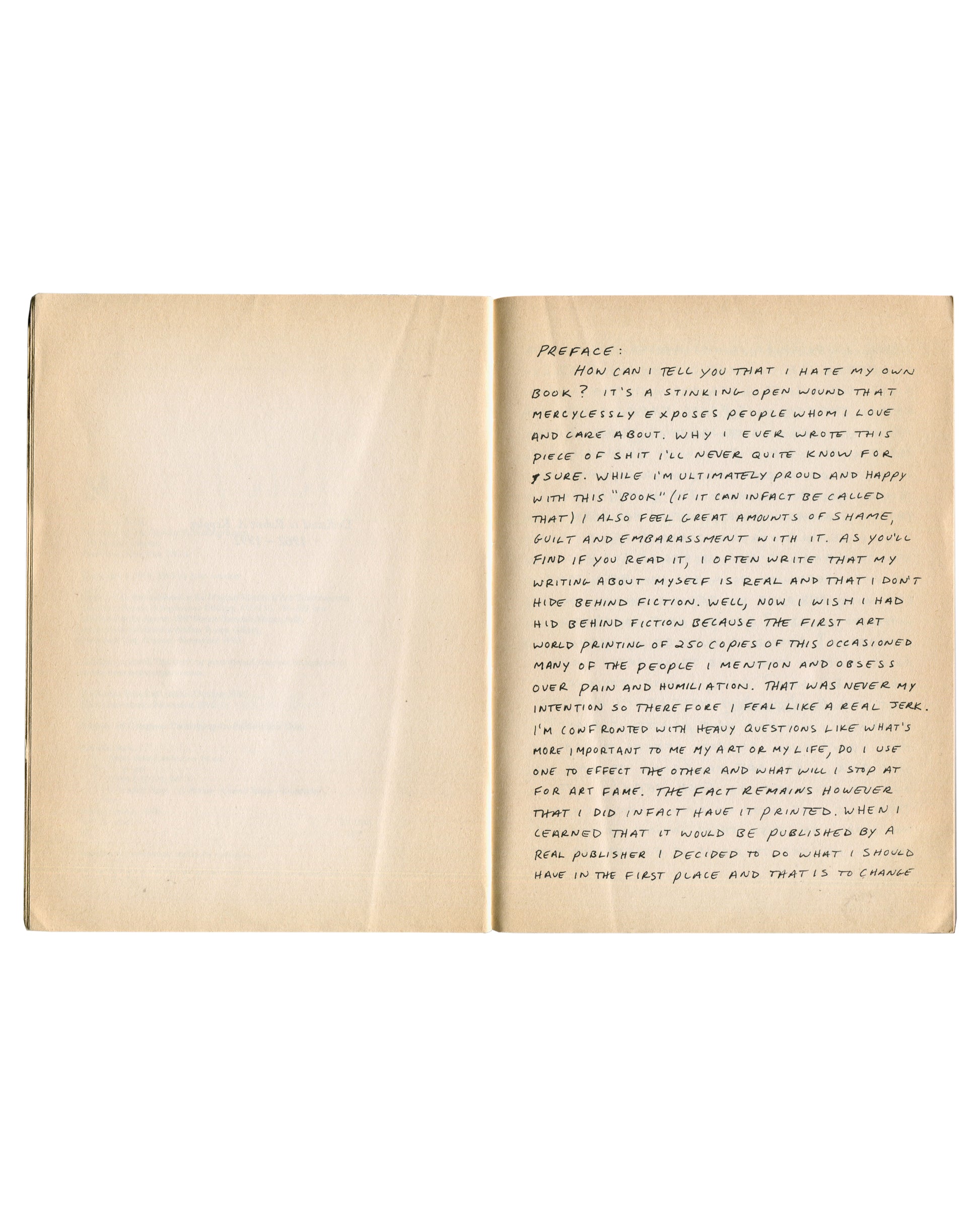 Sean Landers, [sic], 1995 — interior spread, handwritten preface recto, age-toned pages
