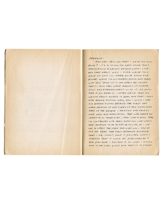 Sean Landers, [sic], 1995 — interior spread, handwritten preface recto, age-toned pages