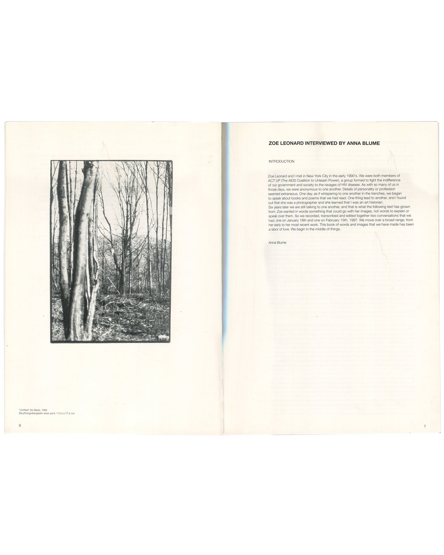 Interior spread of Zoe Leonard, Secession, Wiener Secession, 1997, pages 6–7, left page showing a black-and-white photograph of bare winter trees captioned "Untitled" by Zoe Leonard, 1997, right page showing the introduction to "Zoe Leonard Interviewed by Anna Blume," describing their meeting through ACT UP in New York in the early 1990s.