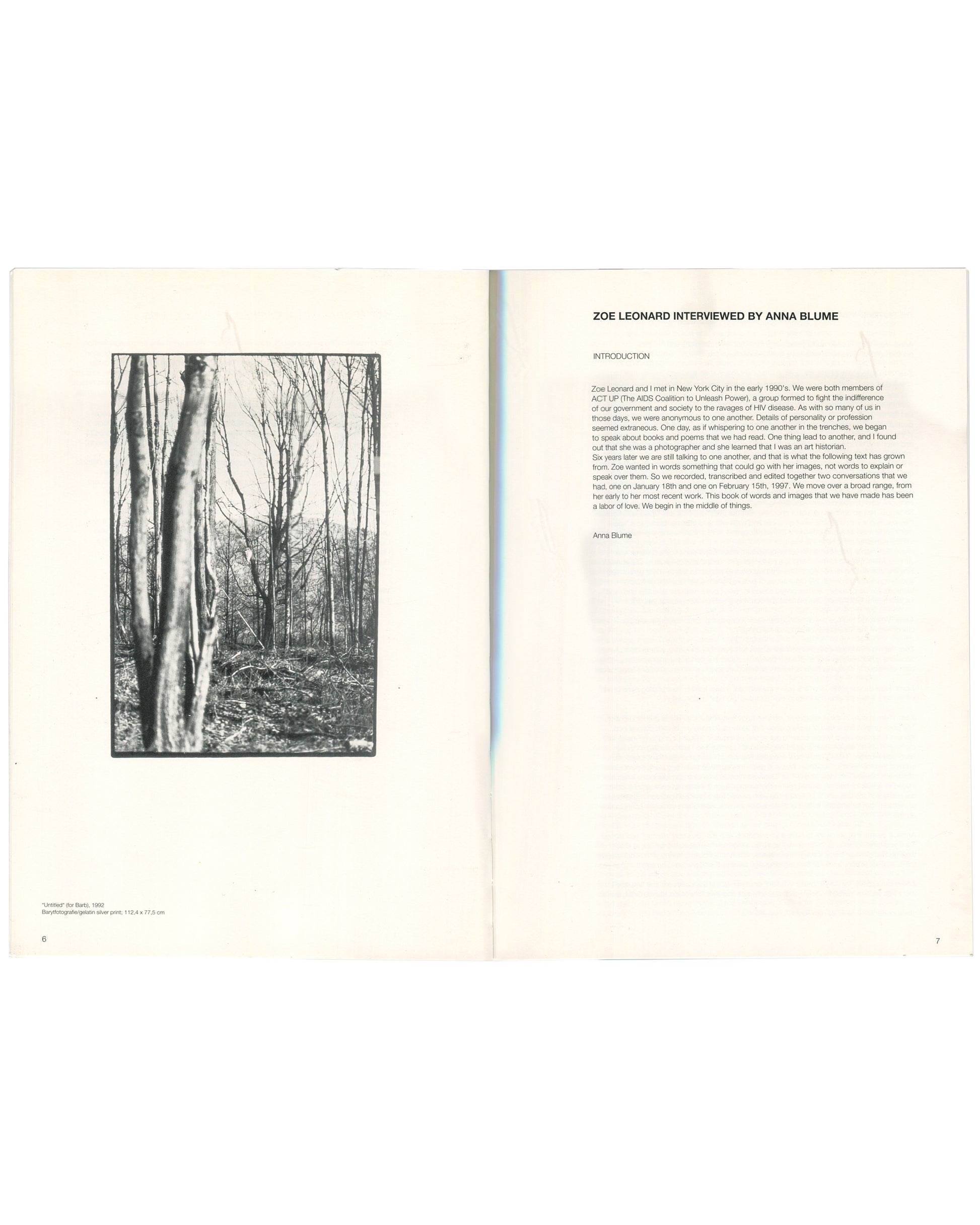 Interior spread of Zoe Leonard, Secession, Wiener Secession, 1997, pages 6–7, left page showing a black-and-white photograph of bare winter trees captioned "Untitled" by Zoe Leonard, 1997, right page showing the introduction to "Zoe Leonard Interviewed by Anna Blume," describing their meeting through ACT UP in New York in the early 1990s.