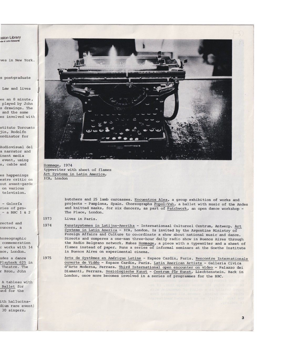 Interior spread from Leopoldo Maler exhibition publication, 1976. Black-and-white photograph of a typewriter with sheet of flames, captioned Hommage, 1974, Art Systems in Latin America, ICA London. Valerie Beston Library provenance stamp visible at top left.

