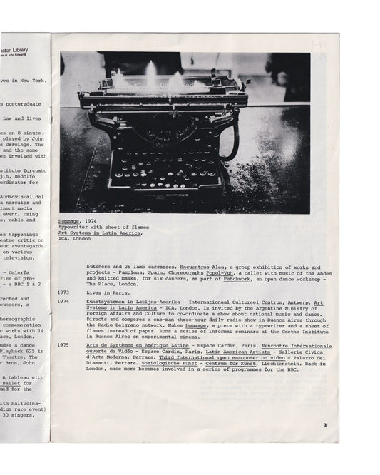 Interior spread from Leopoldo Maler exhibition publication, 1976. Black-and-white photograph of a typewriter with sheet of flames, captioned Hommage, 1974, Art Systems in Latin America, ICA London. Valerie Beston Library provenance stamp visible at top left.

