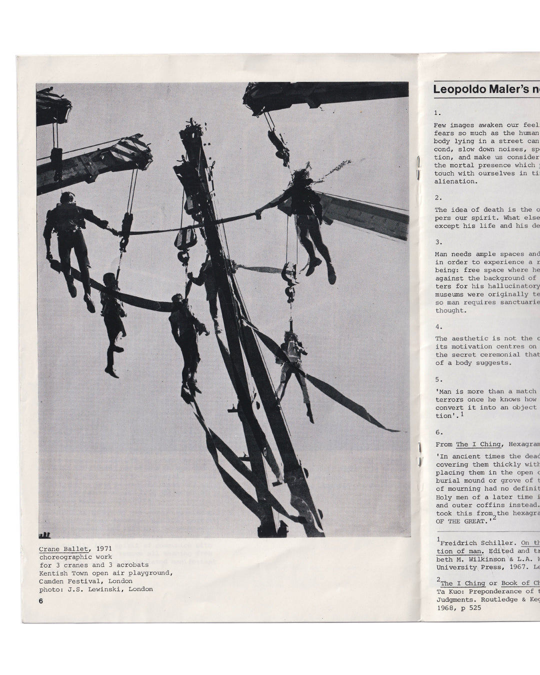  Interior page 6 from Leopoldo Maler exhibition publication, 1976. Performance documentation Crane Ballet, 1971. Typewritten captions and bibliography. Black-and-white offset print.

