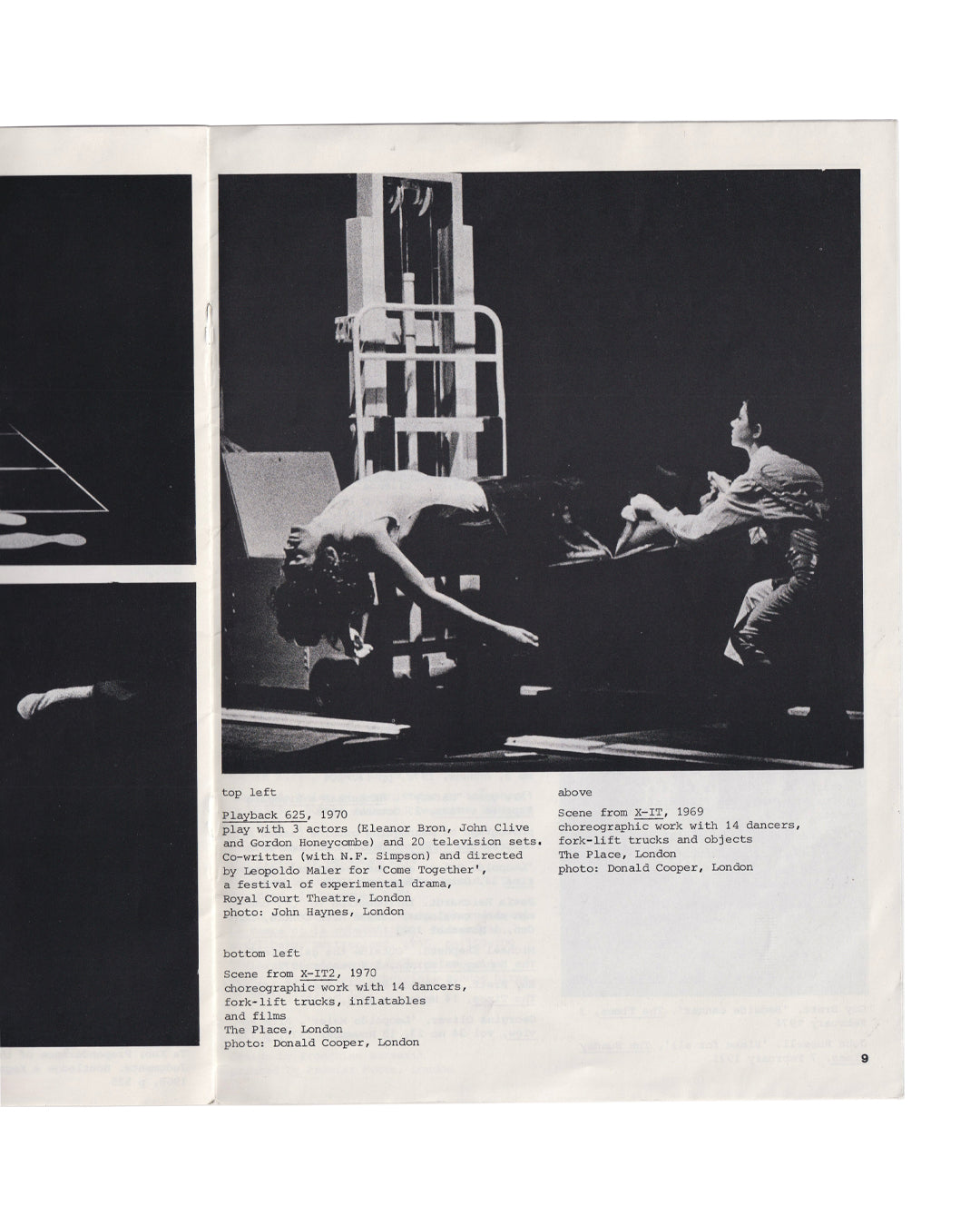 Interior page 9 from Leopoldo Maler exhibition publication, 1976. Performance documentation including Playback 625, 1970 and Scene from X-IT2, 1970. Typewritten captions and bibliography. Black-and-white offset print.

