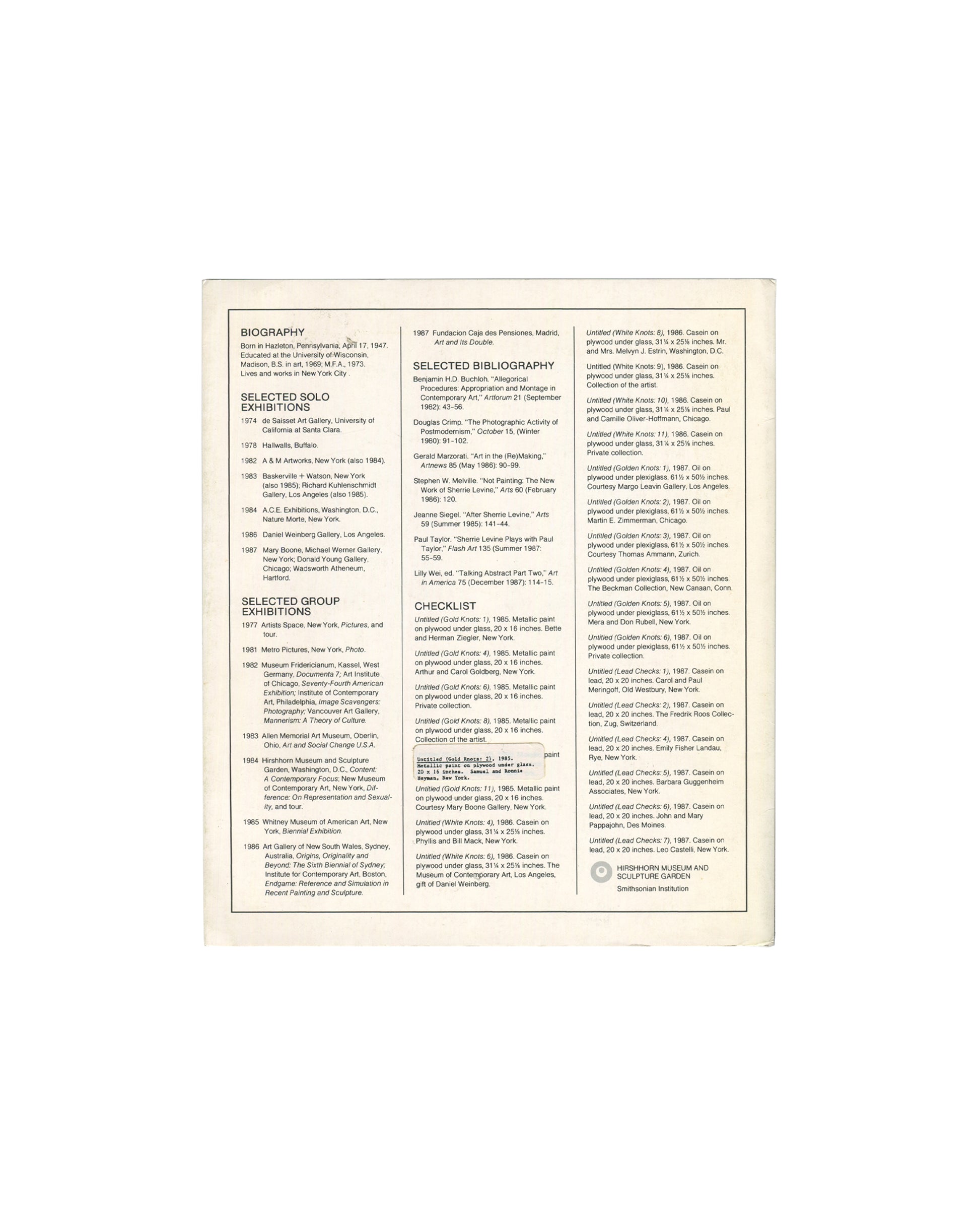 Reverse side of the Sherrie Levine *Directions* exhibition brochure showing artist biography, selected exhibitions, bibliography, checklist of exhibited works, and Hirshhorn Museum identification printed in dense black text on cream stock.