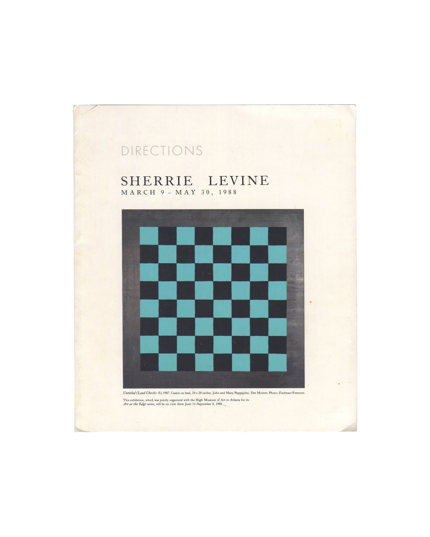 Cover of Sherrie Levine *Directions* exhibition brochure from the Hirshhorn Museum and Sculpture Garden, Washington D.C., 1988. The cover reproduces *Untitled (Lead Checks: 6)* (1987), a turquoise and black checkerboard composition painted on lead beneath the exhibition title and dates.