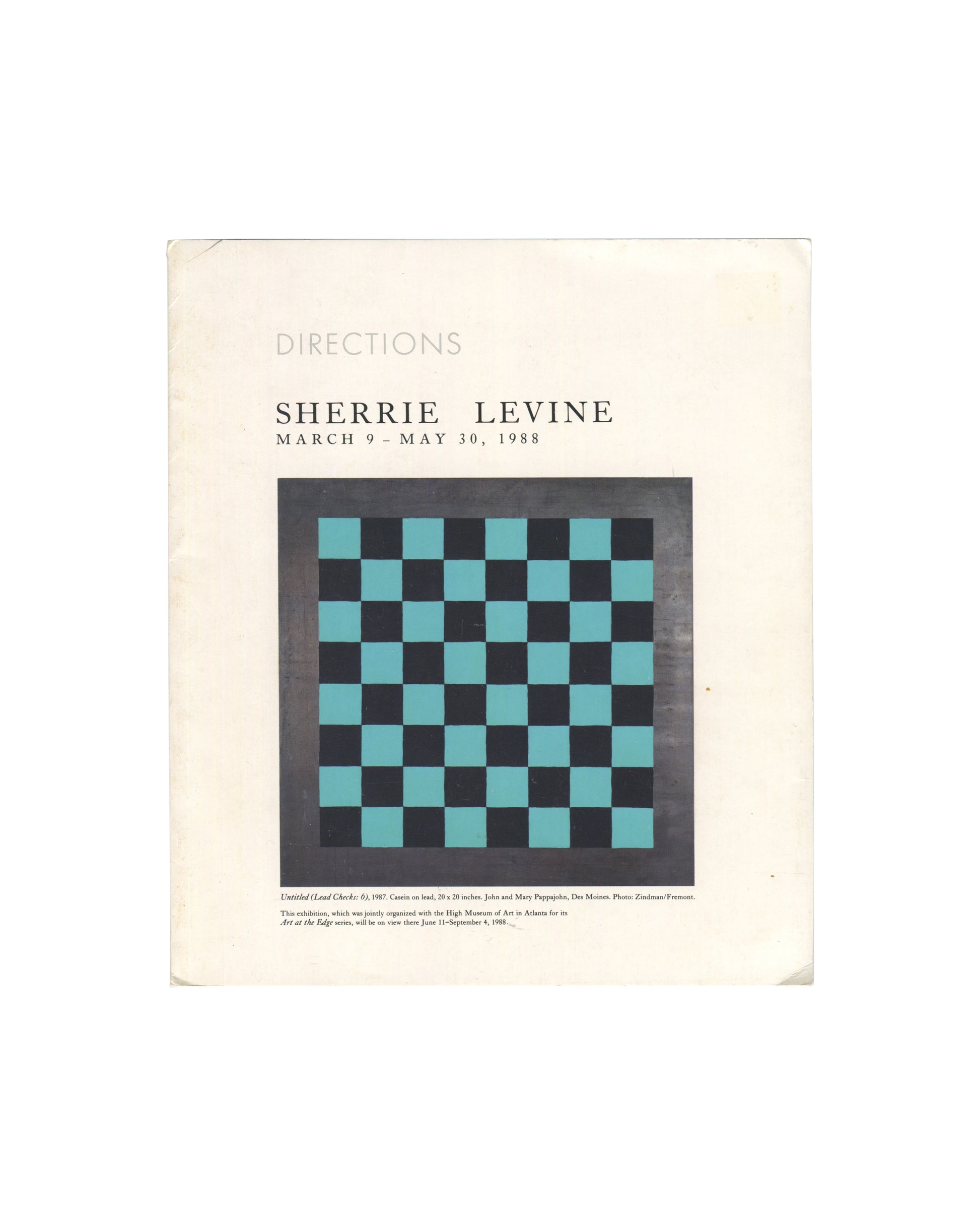 Cover of Sherrie Levine *Directions* exhibition brochure from the Hirshhorn Museum and Sculpture Garden, Washington D.C., 1988. The cover reproduces *Untitled (Lead Checks: 6)* (1987), a turquoise and black checkerboard composition painted on lead beneath the exhibition title and dates.