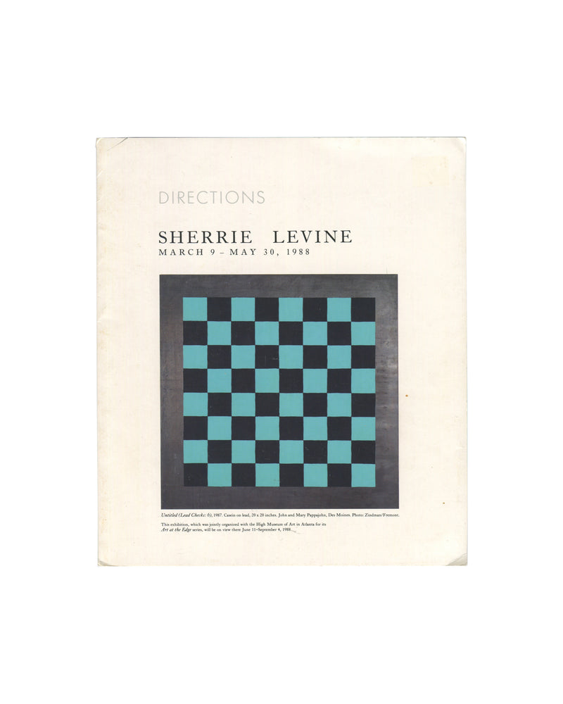 Cover of Sherrie Levine *Directions* exhibition brochure from the Hirshhorn Museum and Sculpture Garden, Washington D.C., 1988. The cover reproduces *Untitled (Lead Checks: 6)* (1987), a turquoise and black checkerboard composition painted on lead beneath the exhibition title and dates.