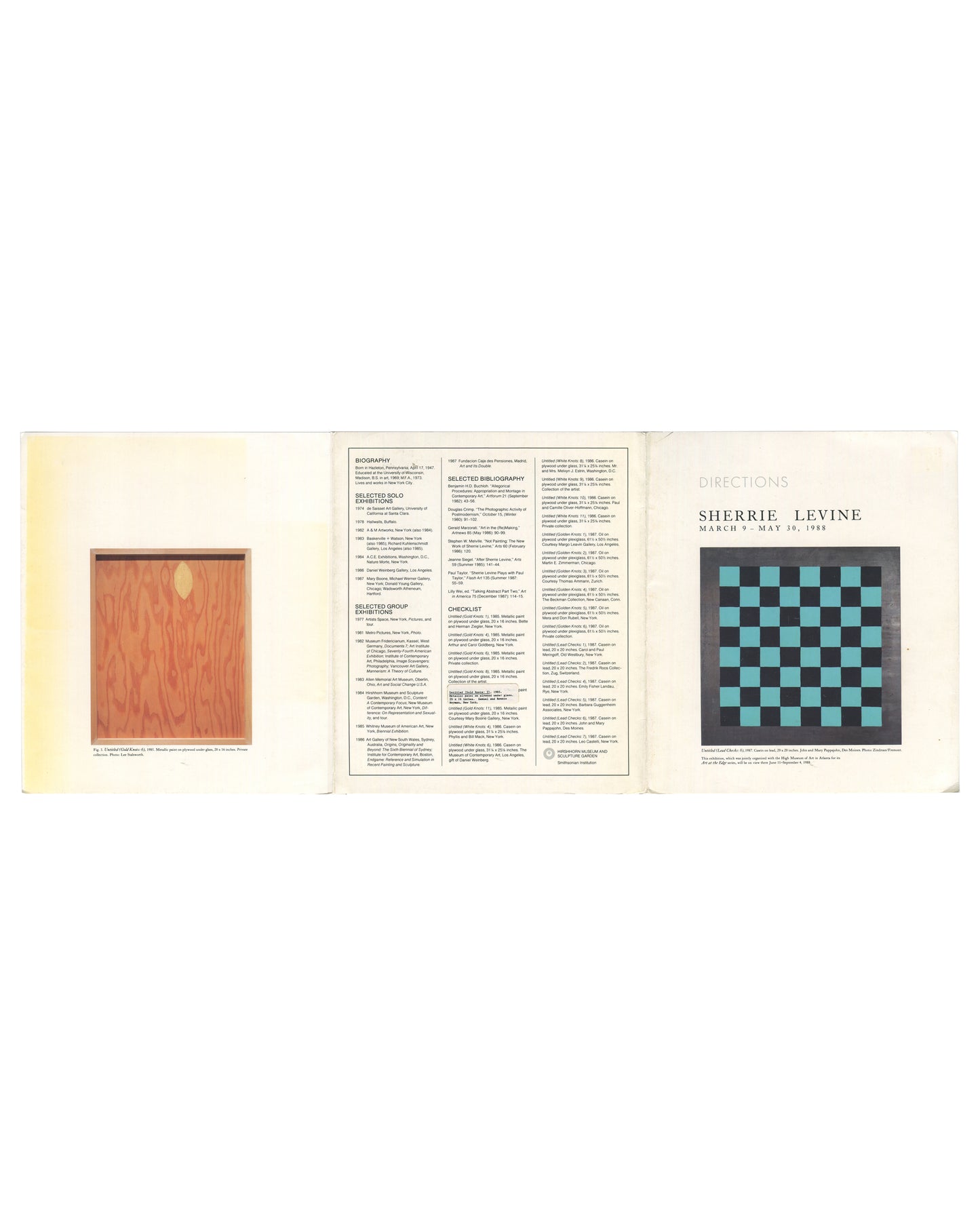 Fully opened Sherrie Levine *Directions* exhibition brochure displaying cover panel, interior essays, checklist, and artwork reproductions across the complete fold-out format.