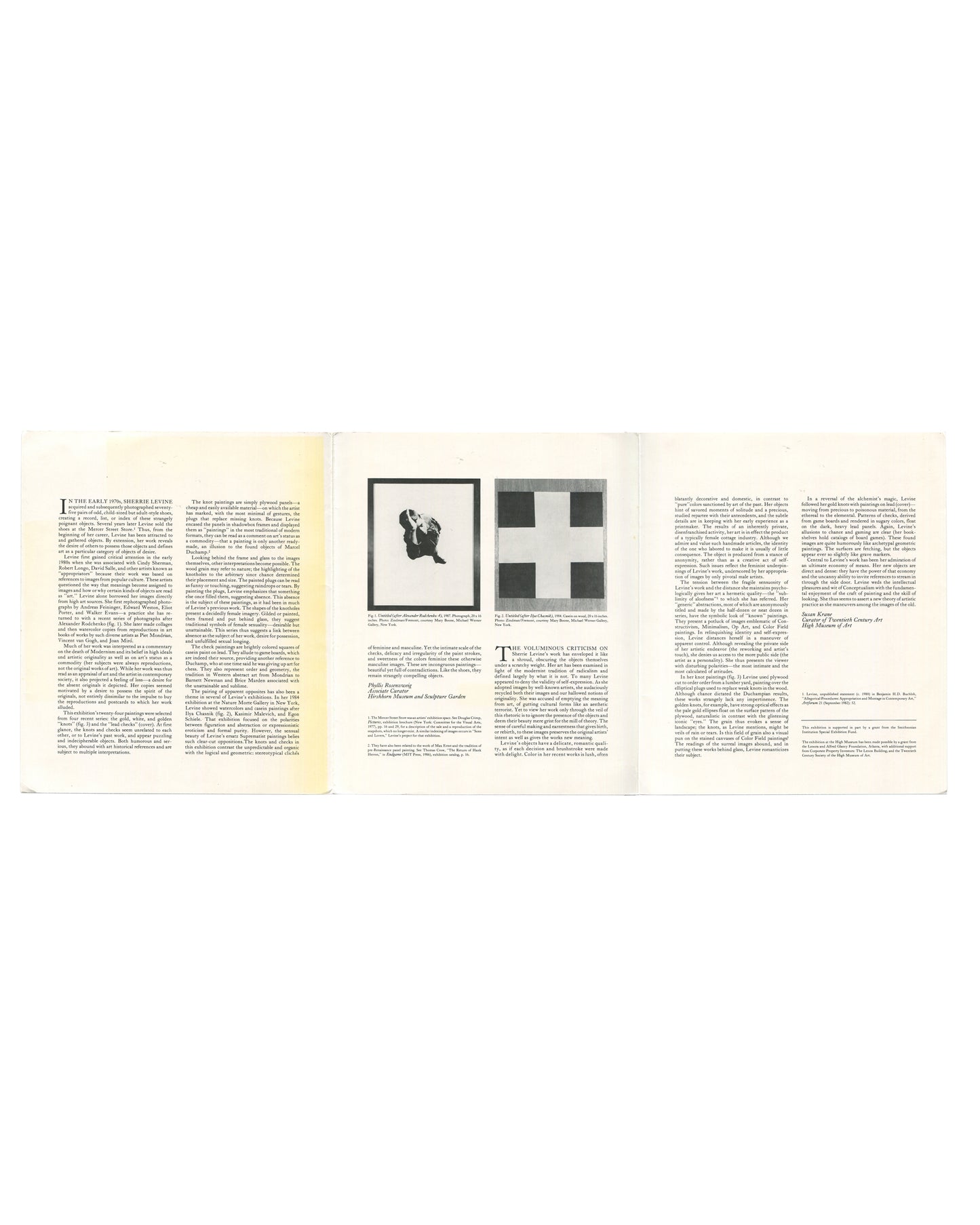 Interior fold-out essay spread from the Sherrie Levine *Directions* brochure with curatorial texts by Phyllis Rosenzweig and Susan Krane, reproductions of Levine works, and multiple columns of exhibition writing printed on cream paper.