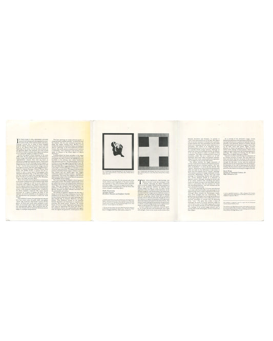 Interior fold-out essay spread from the Sherrie Levine *Directions* brochure with curatorial texts by Phyllis Rosenzweig and Susan Krane, reproductions of Levine works, and multiple columns of exhibition writing printed on cream paper.