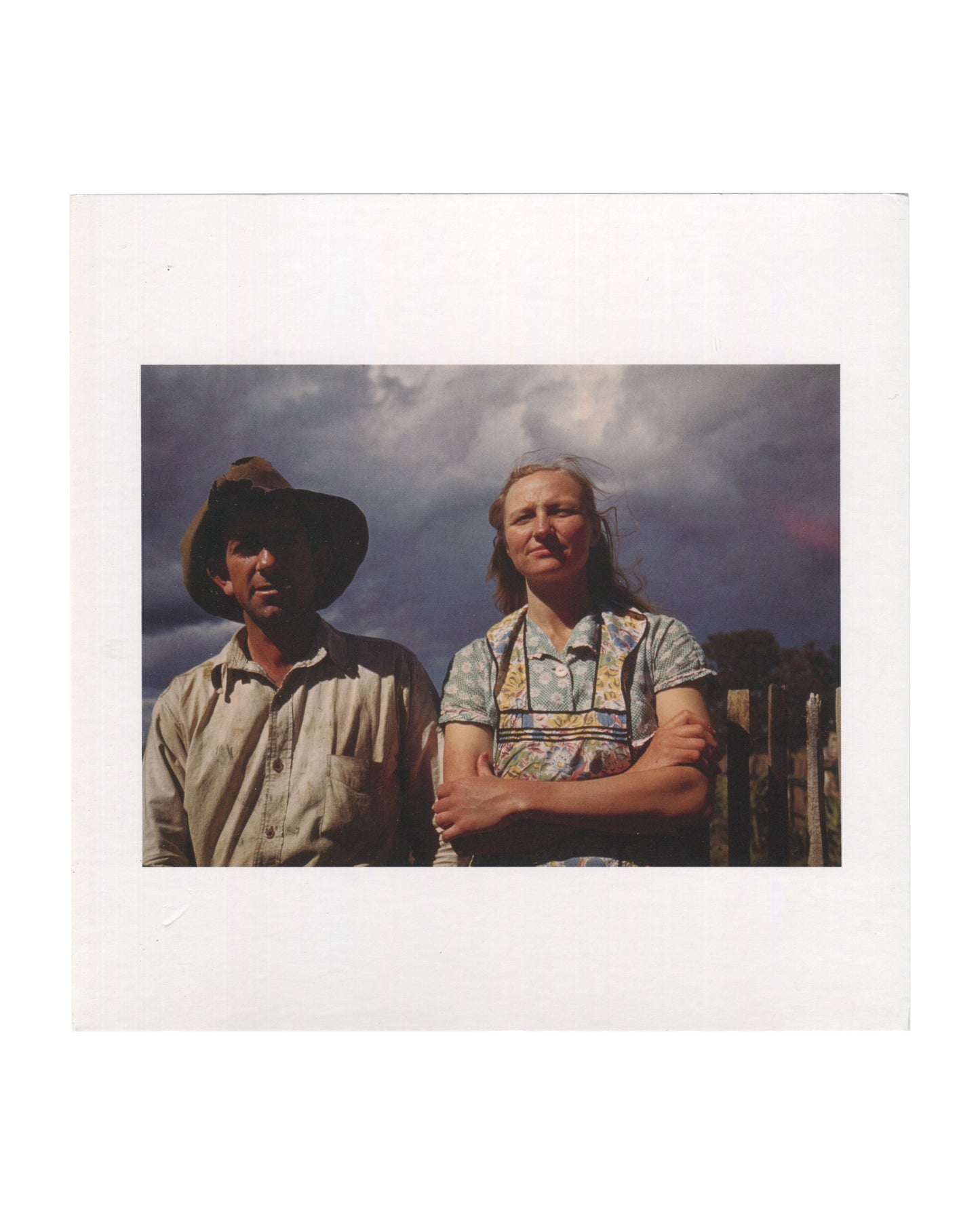 Exhibition invitation for Sherrie Levine’s *Pie Town* featuring a color reproduction from *After Russell Lee: 1–60* (2016). Two figures, Faro and Doris Caudill, stand outdoors beneath a dramatic cloud-filled sky; the man wears a worn hat and work shirt while the woman stands with folded arms in a patterned dress and apron.
