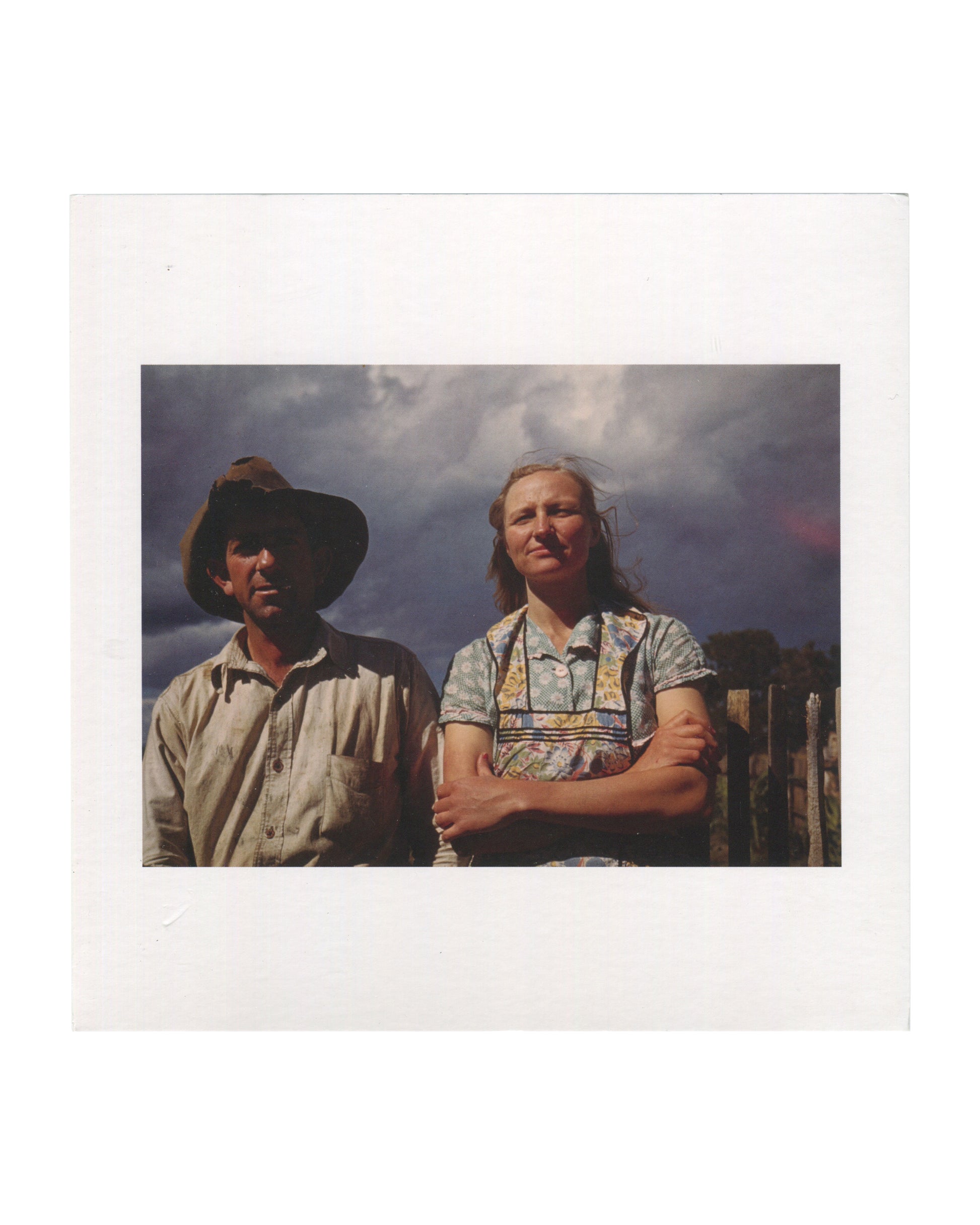 Exhibition invitation for Sherrie Levine’s *Pie Town* featuring a color reproduction from *After Russell Lee: 1–60* (2016). Two figures, Faro and Doris Caudill, stand outdoors beneath a dramatic cloud-filled sky; the man wears a worn hat and work shirt while the woman stands with folded arms in a patterned dress and apron.