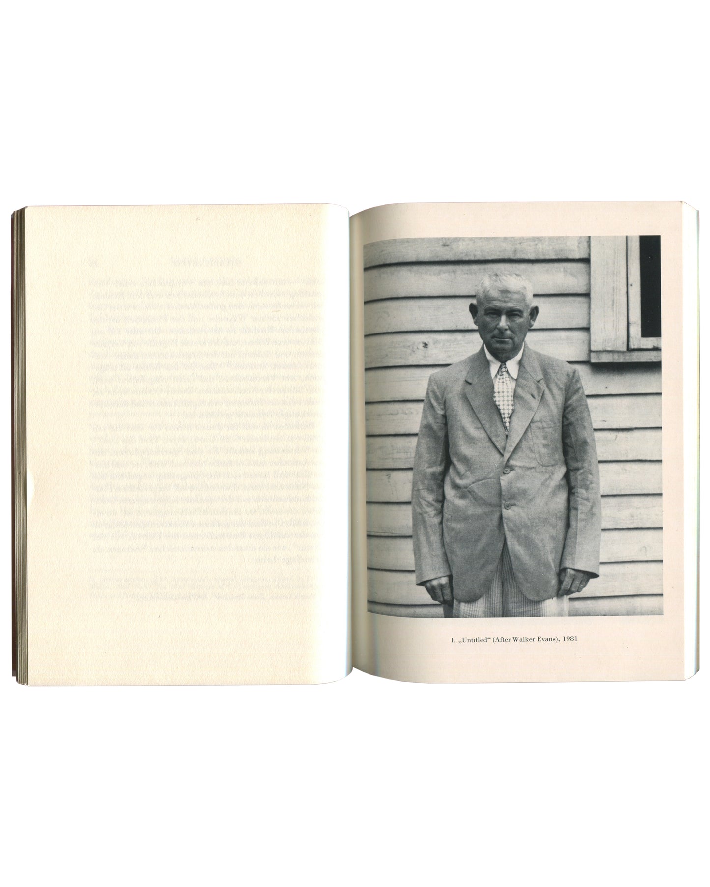Interior spread from Sherrie Levine, Galerie nächst St. Stephan, Vienna, 1988, left page blank, right page showing a black-and-white reproduction of Untitled (After Walker Evans), 1981, depicting an elderly man in a light suit standing before a clapboard wall, captioned "1. „Untitled" (After Walker Evans), 1981."